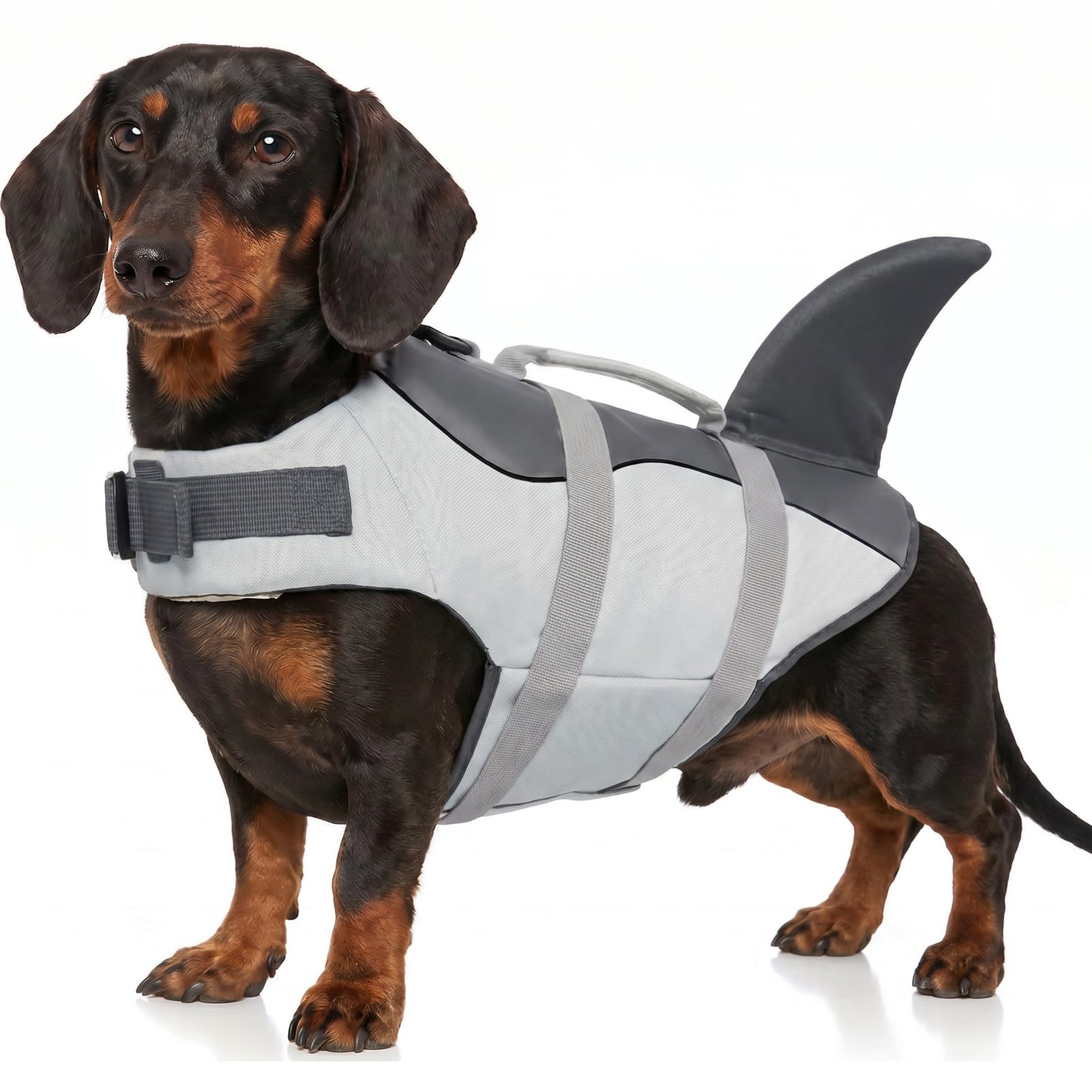 AOFITEE Schwimmweste Hund XS, Verstellbar Hundeschwimmweste Hai, Hoher Auftrieb Klein Hunde Schwimmweste mit Rettungsgriff und Reflektierend, Dackel Rettungsweste Hund für Wassersport, Grau, XS