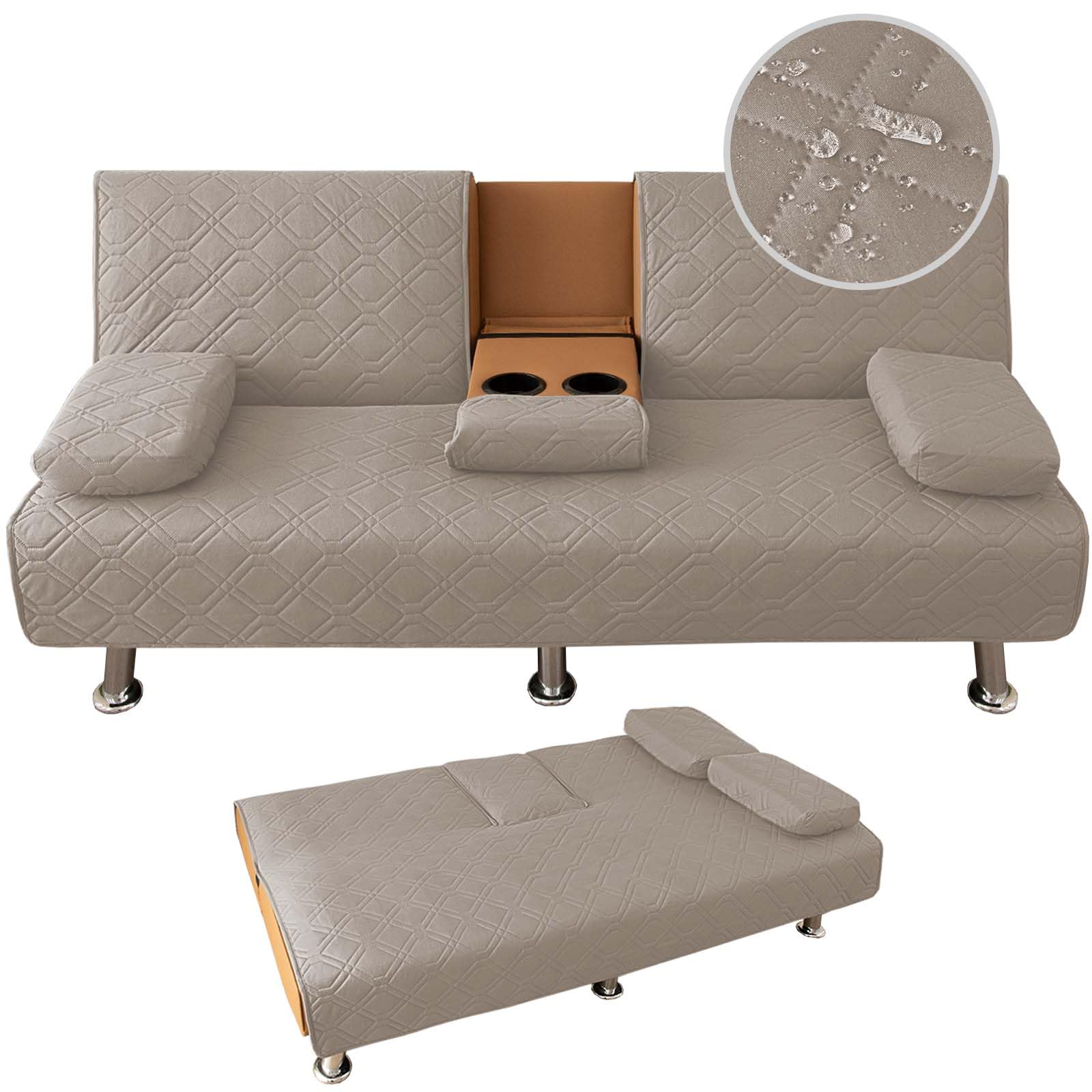 Juego de 4 fundas impermeables para futón acolchado de 3 plazas, protector de sofá cama con reposabrazos extraíble y fundas para portavasos, elegante funda para muebles convertibles