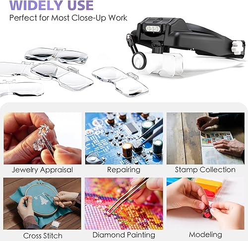 Miniatura 8 de COYLAPY Auricular con lupa, lupa con luz para trabajo cercano, 1 a 14 veces recargable para la cabeza, lupa de visera con 5 lentes, pinzas para
