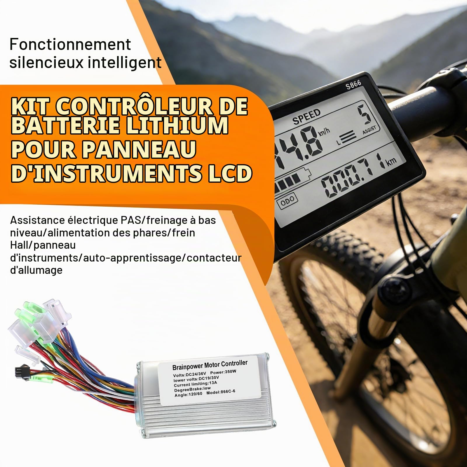 Contrôleur de Moteur électrique sans balais, contrôleur de Moteur sans balais avec écran LCD pour vélos électriques, VTT et trottinettes Affichage du Niveau de Charge et Vitesse 866 24 V/36 V 350 W