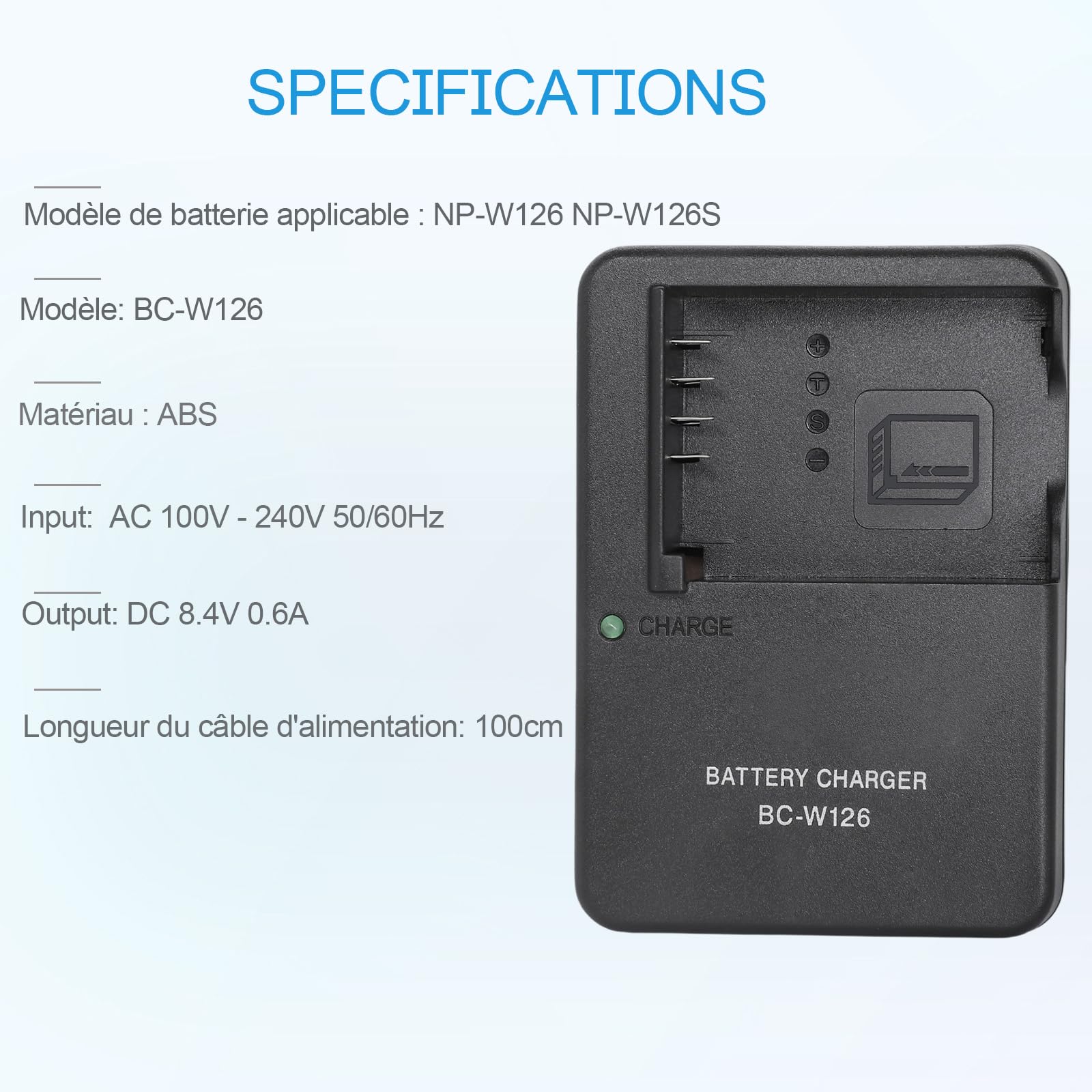 BC-W126 NP-W126 NP-W126S Chargeur de Batterie Compatible avec Fujifilm FinePix X100VI, X100V, X100F, X-A5, X-A10, X-E4, X-Pro2, X-Pro3, X-T1, X-T2, X-T3,X-T10,X-T20,X-T30,X-T30 II Appareil Photo