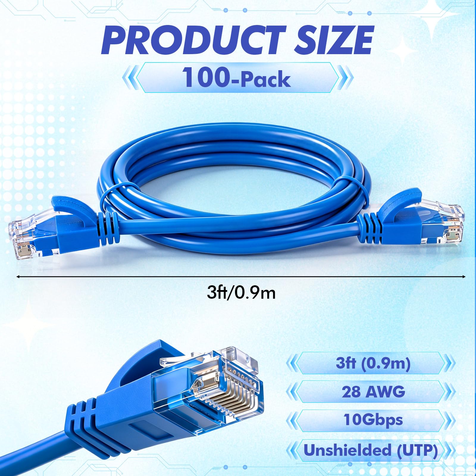 Paquete de 100 cables de conexión Cat6a a granel de 3 pies, cables Ethernet delgados, 10 gbps de alta velocidad, cable Cat6a flexible sin enganches para panel de conexión, interruptor, router