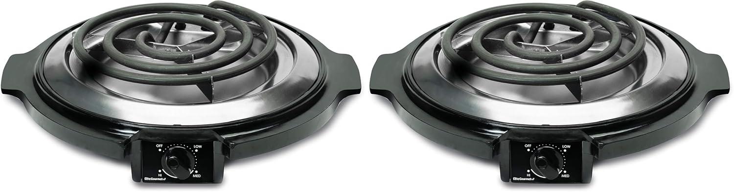 Elite Gourmet ESB-300X Single Countertop Coiled Burner, 1000 Watts Electric Hot Plate, Temperature Controls, Power Indicator Lights, Easy to Clean, Black (Pack of 2)