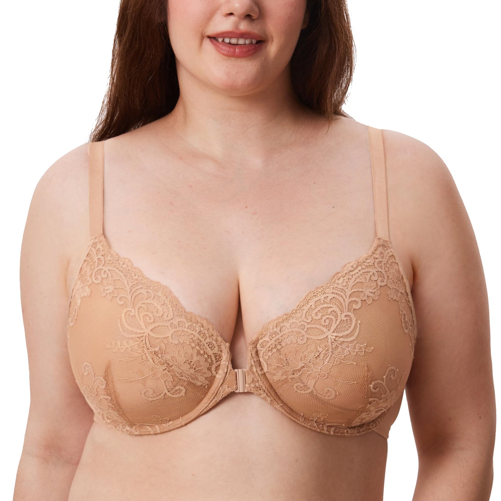 DELIMIRA Women's Front Closure Lace Underwire Sheer Bras Plus Size Full Coverage Sexy Plunge Unlined Bra