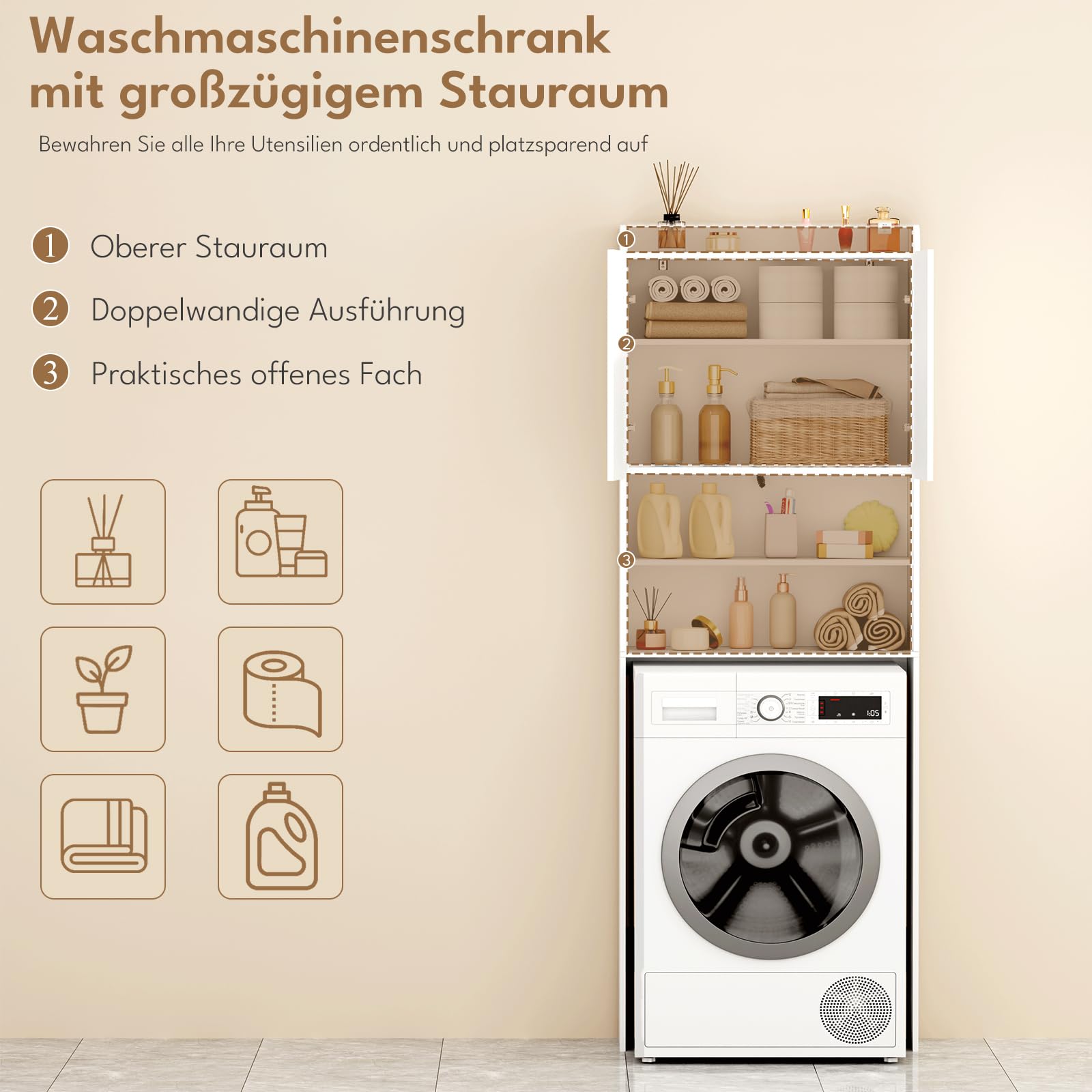 BEWISHOME Waschmaschinenschrank,Hochschrank,Waschmaschinenregal mit 2 Türen & 2 offenen Fächern,Verstellbare Ablagen,Badezimmerregal über Waschmaschine/Toilette,24×65×185 cm,Weiß EYYG19W