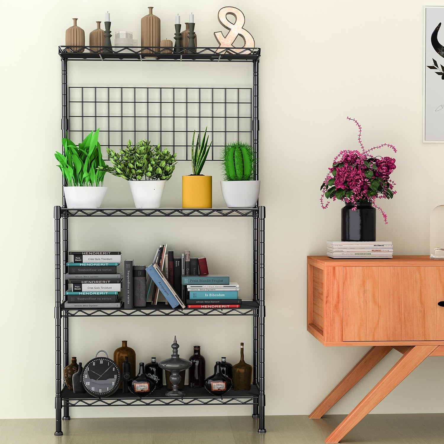 STORACK 4 Shelf Microwave Oven Stand with Storage,14" D x 30" W x 59" H(inch) Height Adjustable foldable Bakers Rack, Kitchen Storage Rack, Kitchen Stand Black Coting Finished