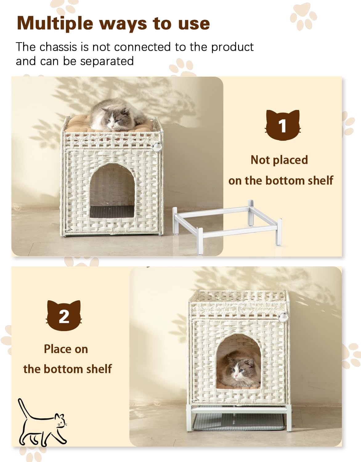 Cat Litter Box Enclosure; Handwoven Rattan Cat House with Metal Heightened Feet; 18.520.423.2 Inches; Living Room, Bedroom (White)