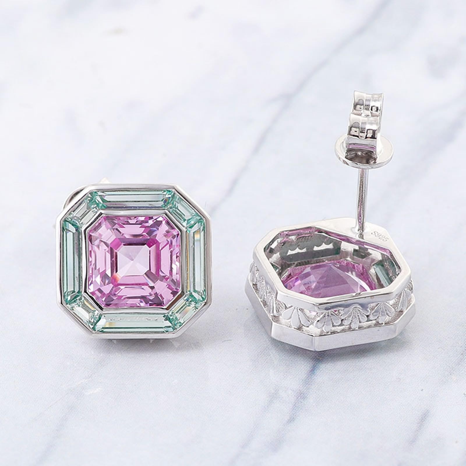 Pendientes Mujer con Zafiro Rosa y Verde Laboratorio, Oro Blanco 9K/14K/18K, Joyería Pendientes de Botón con Piedra