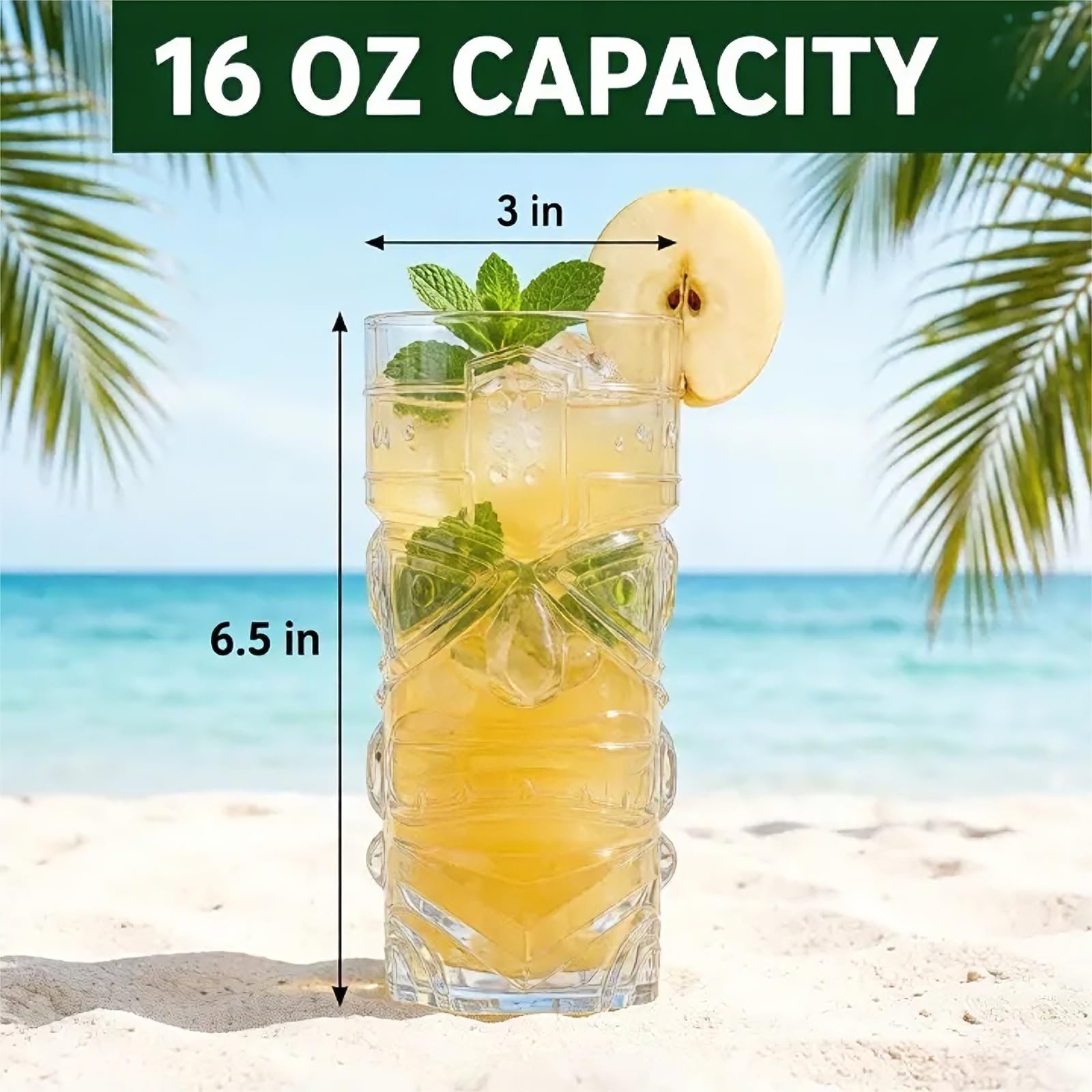 Okllen Paquete de 8 vasos Tiki de plástico, tazas de cóctel Tiki transparentes de 16 onzas, vasos elegantes y trapicales para beber para bar moderno, fiesta hawaiana, suministros de fiesta Luau