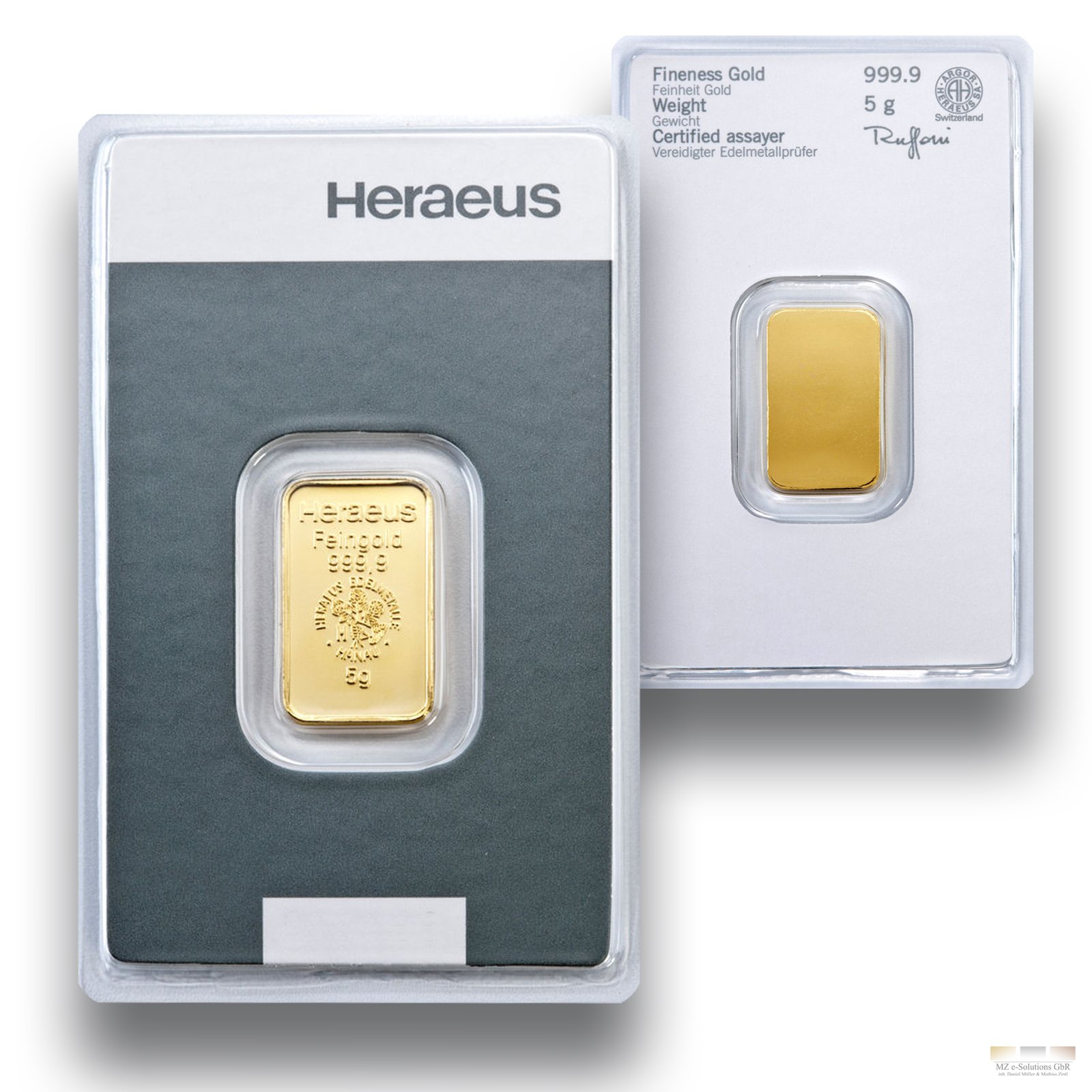 Goldbarren 5g - 5 Gramm Gold - Heraeus - Feingold 999.9 - Prägefrisch - LBMA zertifiziert