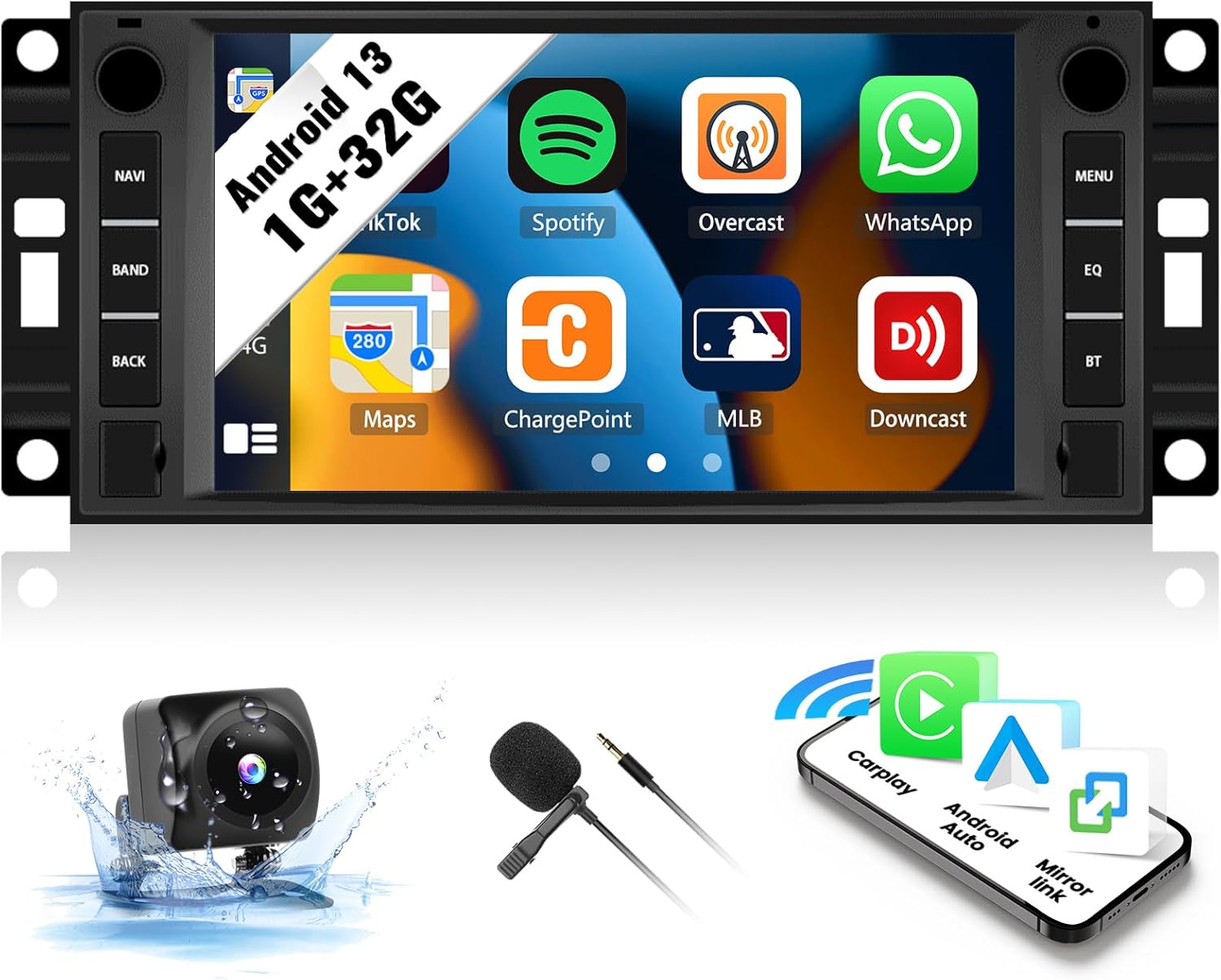 SIXWIN Android Car Radio for Jeep Wrangler Chrysler Dodge Commander Patriot Compass 300C Chevrolet RAM 1500 with CarPlay Android Auto 7 inch Touchscreen with BT GPS WiFi HiFi FM Backup Camera MIC
