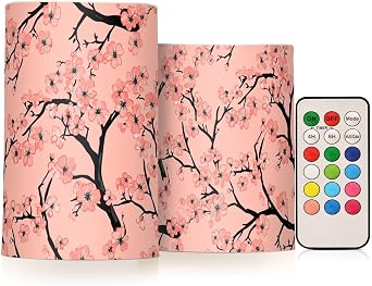 Cherry Blossoms Branches Pink Flameless Flickering Candles Led Pillar Candles with Battery Operated for Decorations 4" 5" Set of 2