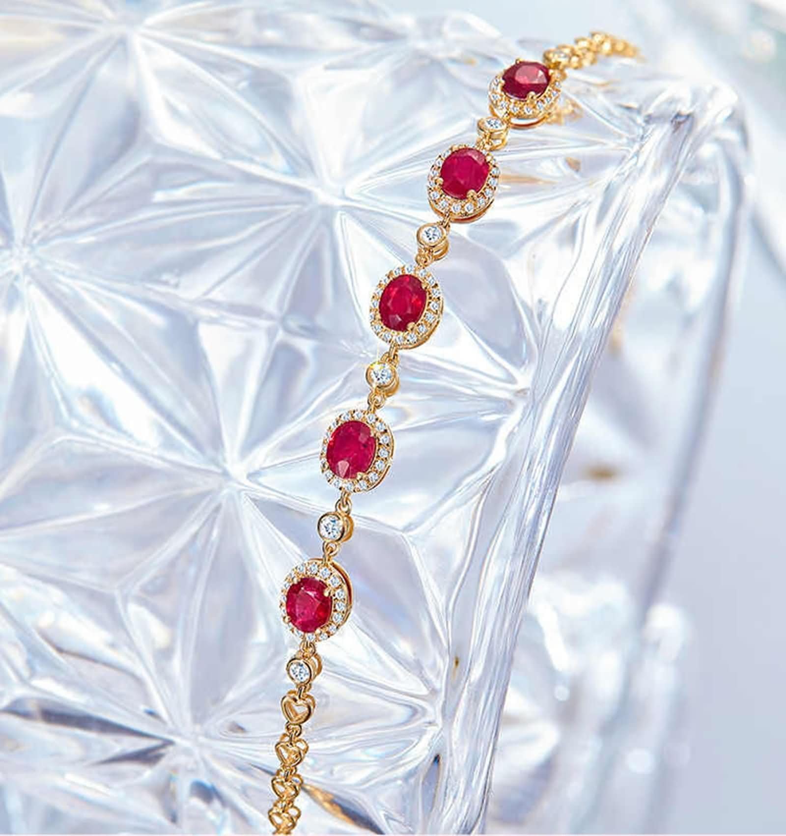 Pulsera Mujer Oro Amarillo 9 K / 14 K / 18 K, Oval con Rubí y Diamante, Cadena Extensible 16 CM + 5 CM, Pulseras Cadena Oro Mujer Ajustable