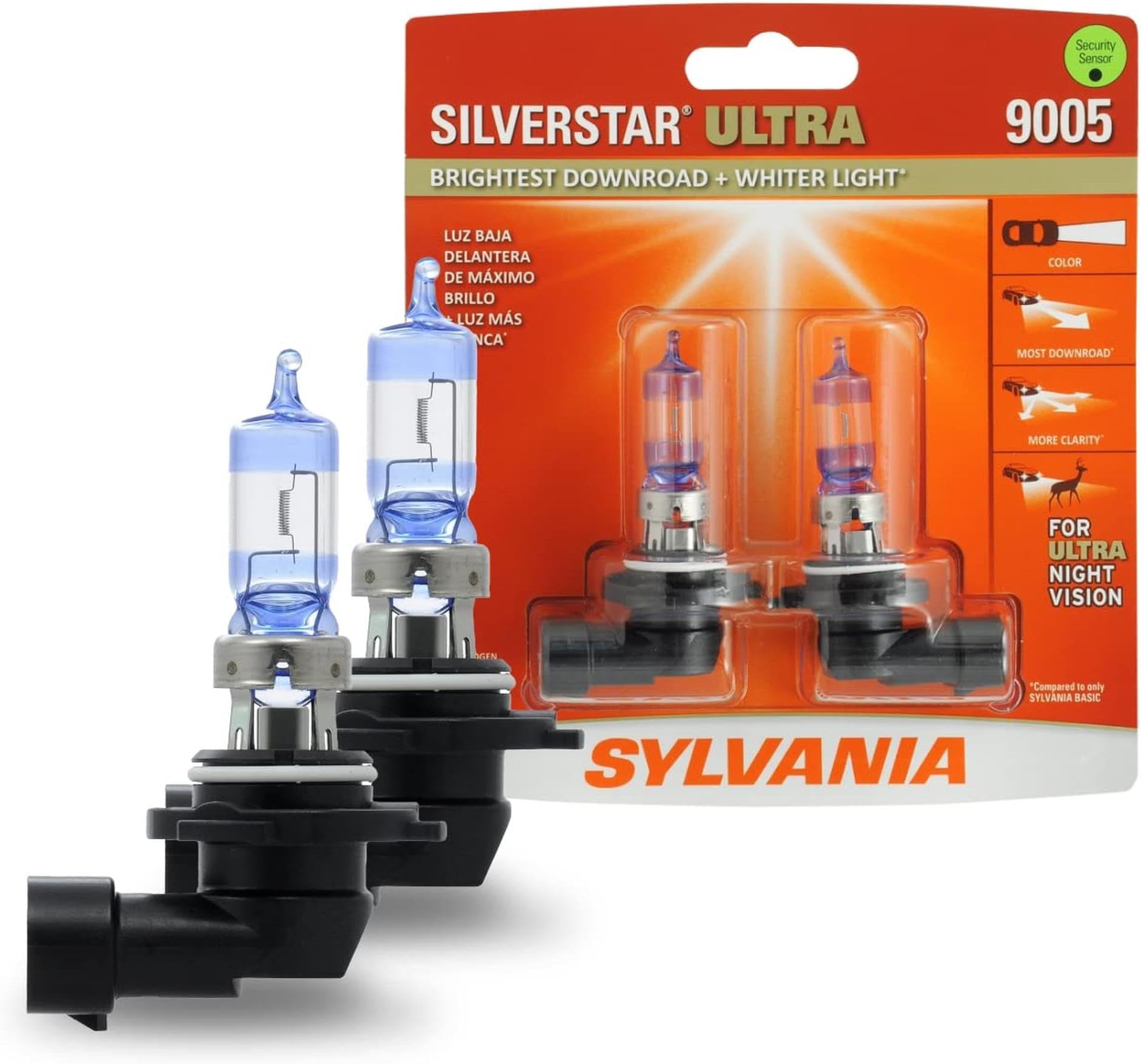 SYLVANIA - 9003 SilverStar Ultra - High Performance Halogen Headlight Bulb, High Beam, Low Beam and Fog Replacement Bulb, Brightest Downroad with Whiter Light, Tri-Band Technology (Contains 2 Bulbs)