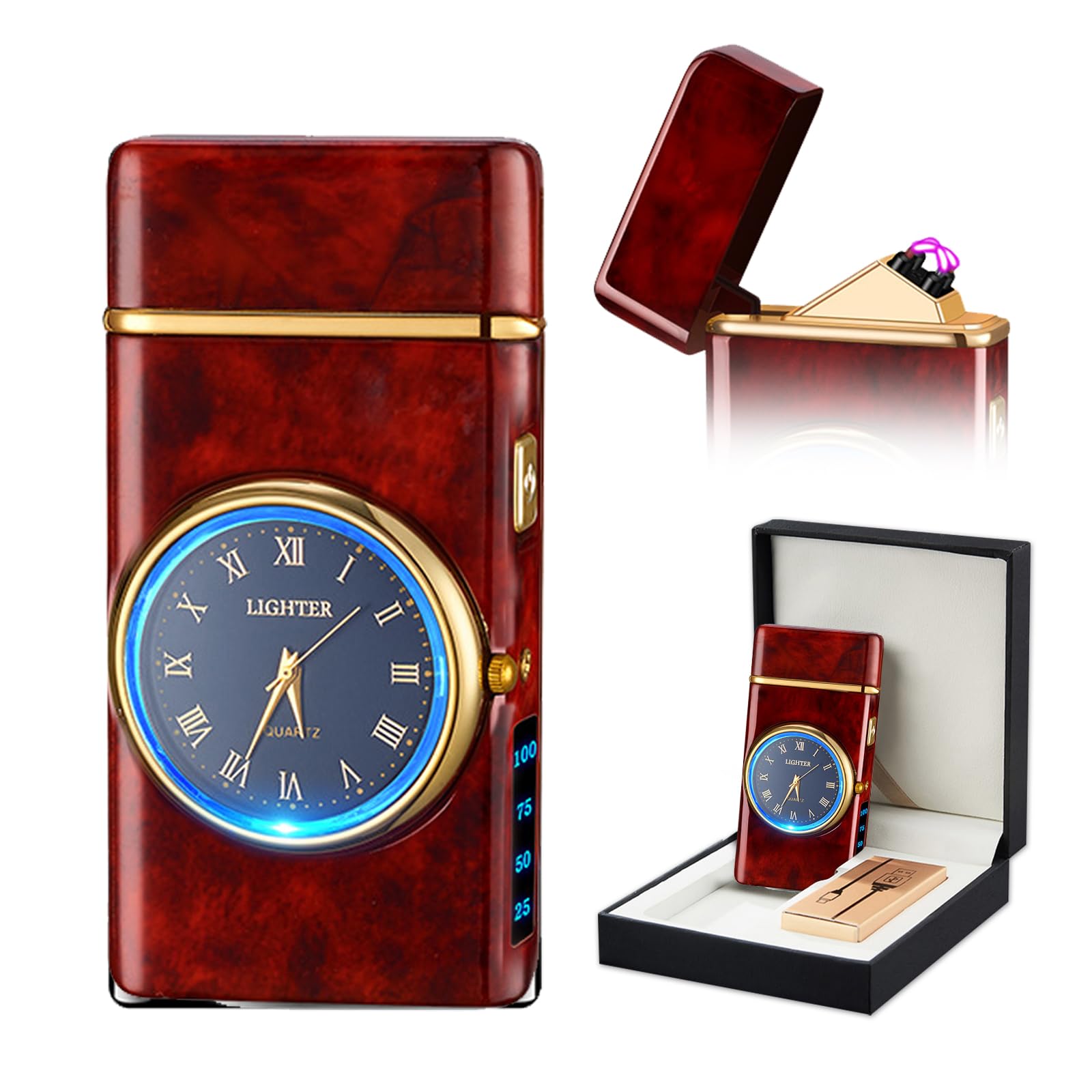 Skrfire Pure Red Electric Double Arc Plasma Windproof Lighter Rechargeable Lighters With Battery Display Indication Cool Lighter Revolve With Gift Box For Friends, Family, Candles(Red)