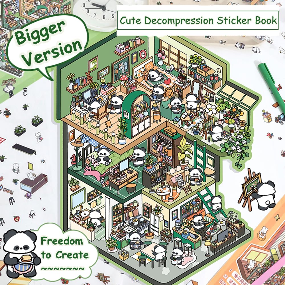 Wnqou 2 Sets DIY 3D House Stickers & Large 3D Miniature Simulated Cabin Scene Stickers - Cute Cartoons for Adults & Kids, Fun Rabbit Reading Room & Panda Cottage Product Image 6