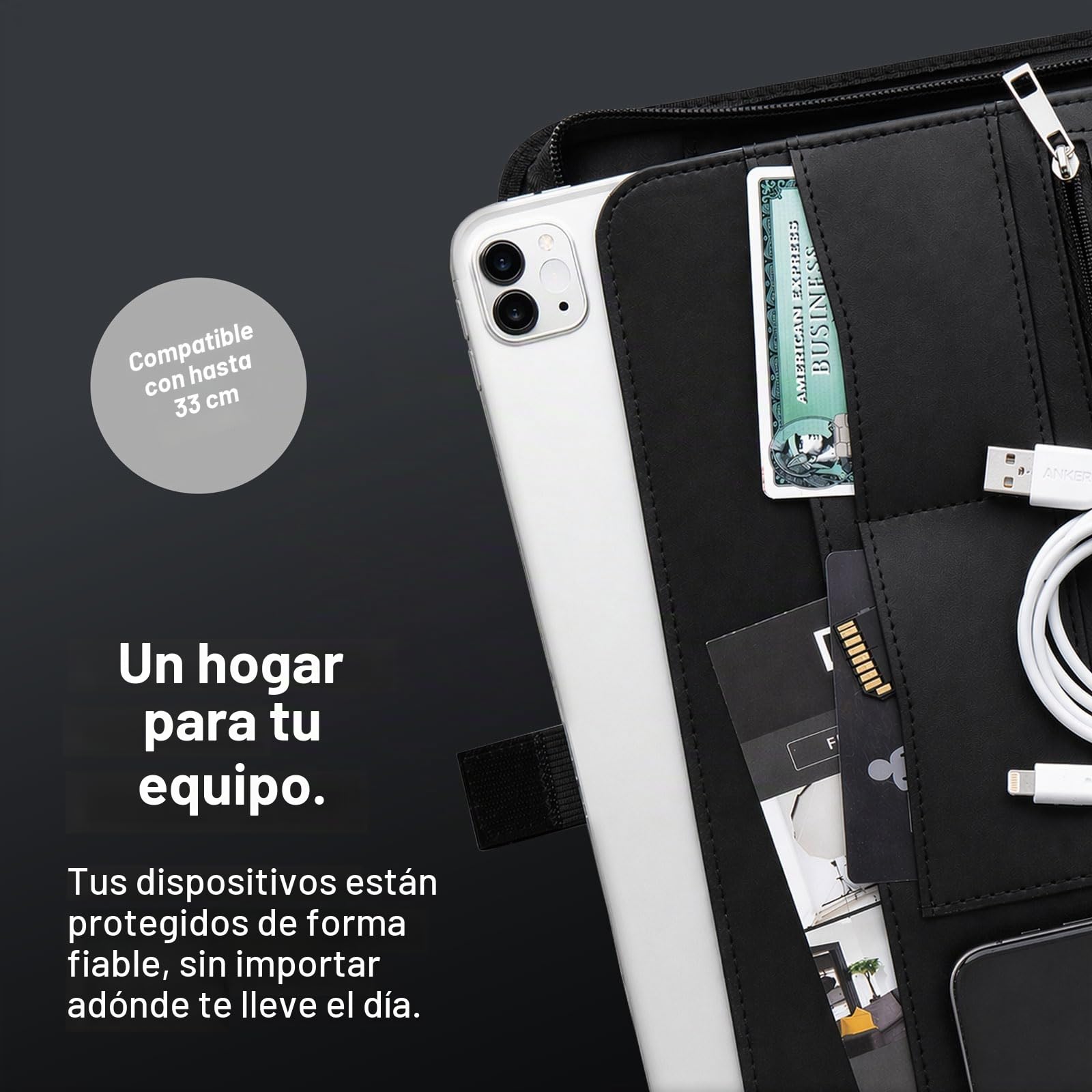 Vebon® Carpeta A4 grande "Roma" doble cremallera + portapapeles, carpeta de conferencias + bolsa para ordenador portátil, espacio extra, Negro Piel Sintética, Gris Fantasma
