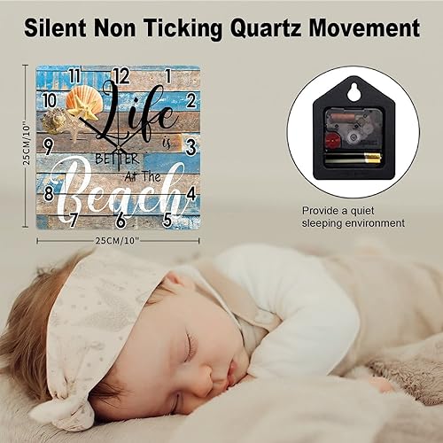 Miniatura 2 de Life is Better at The Beach Reloj de verano con tema de playa, cuadrado de PVC, arte de granja, decoración del hogar, relojes de pared, funciona con