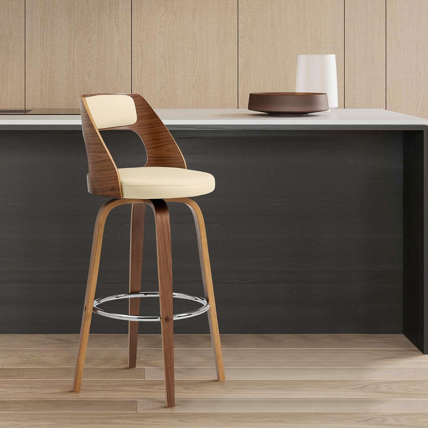 Armen Living Axel Mid Century Modern Swivel Bar Stool for Kitchen Island Counter in Cream Faux Leather and Walnut Wood, 26" Seat Height