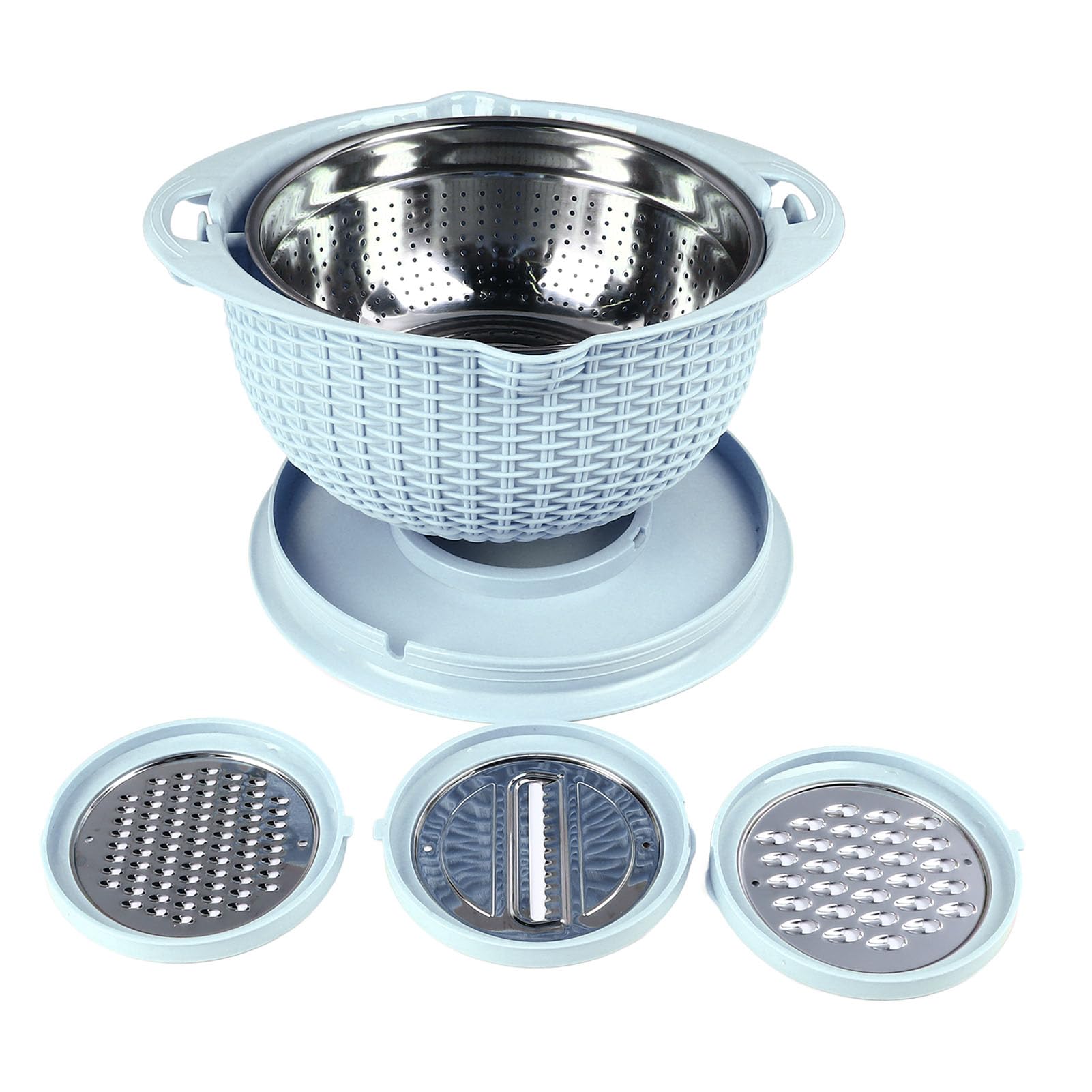 4-in-1-Sieb mit Rührschüssel-Set, Lebensmittelsiebe und Siebe für die Küche, Drehbares Nudel-Reis-Sieb, Küchensieb, Siebschüssel mit Abnehmbarem Deckel, Gemüseschneider (BLUE)