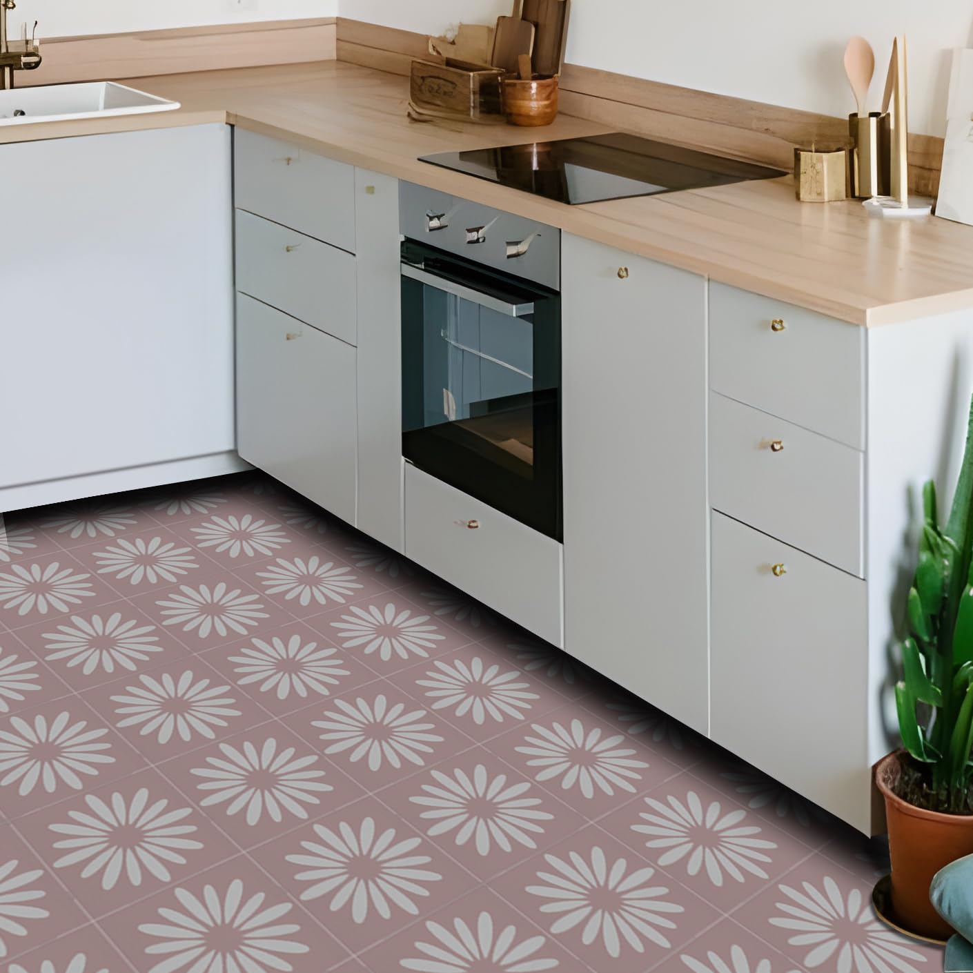 Alwayspon Vinyl Flooring, 20Pcs 20cm/8inch Pink Floral Waterproof Non-slip Floor Tiles Decal for Kitchen Bathroom Living Room, Self-adhesive Peel and Stick Vinyl Sticker