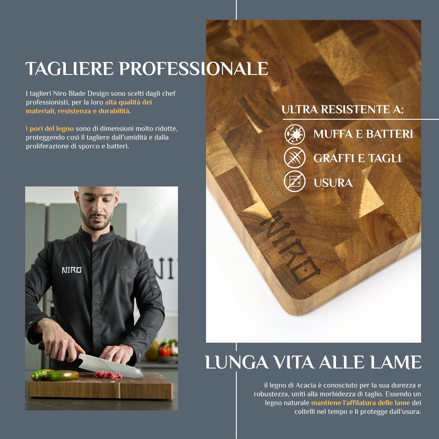 NIRO Tagliere da Cucina Professionale XL 100% Legno di Acacia Naturale, SPESSORE 4 CM, Dimensioni 40 x 30 x 4 cm, Atossico, Legno Massello Pregiato, Utilizzabile come Vassoio da Portata