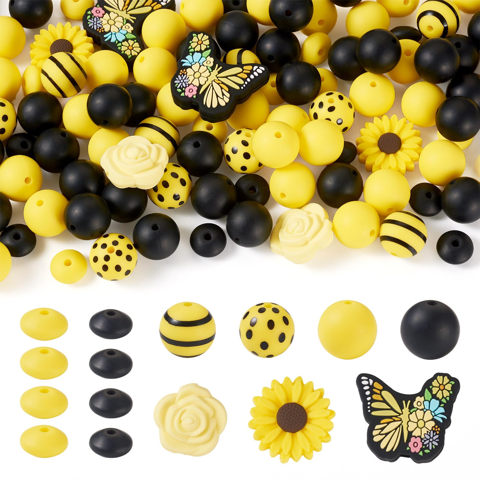 Craftora 96 Pcs Silicone Focal Beads Yellow Butterfly Rose Daisy Flower Rondelle Spacer Beads Black Round Beading Kit for DIY Pens Keychain Jewelry Making