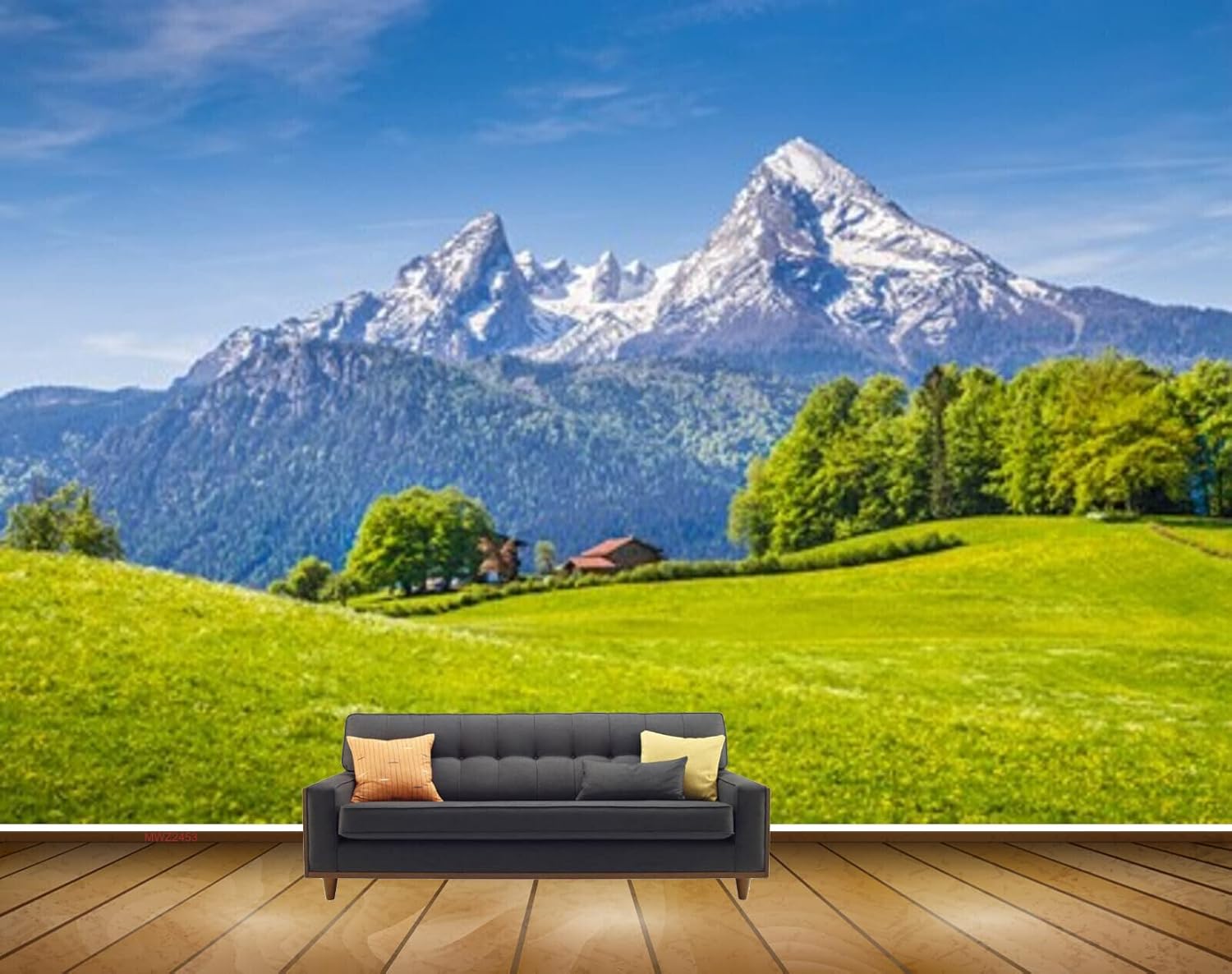 MWZ2453 Mountains Trees Grass Houses HD 3D Wallpaper for Bedroom, Hall[5 ft x 3 ft] / [152 cm x 91 cm]