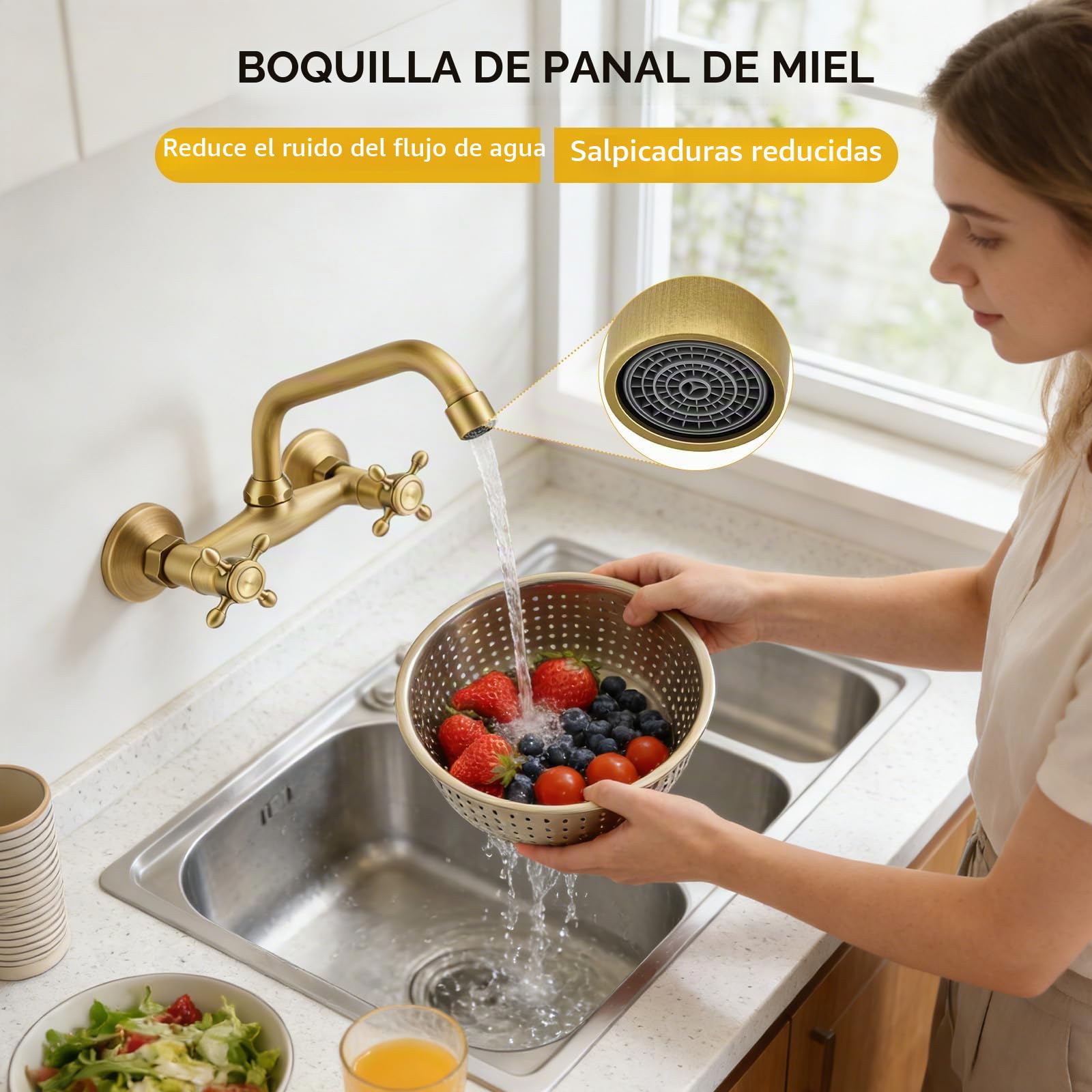 Grifo de pared para lavabo de baño en latón envejecido, mezclador vintage de pared para fregadero de cocina, giratorio 360°, doble maneta para grifo de cocina y baño, caño 25 cm