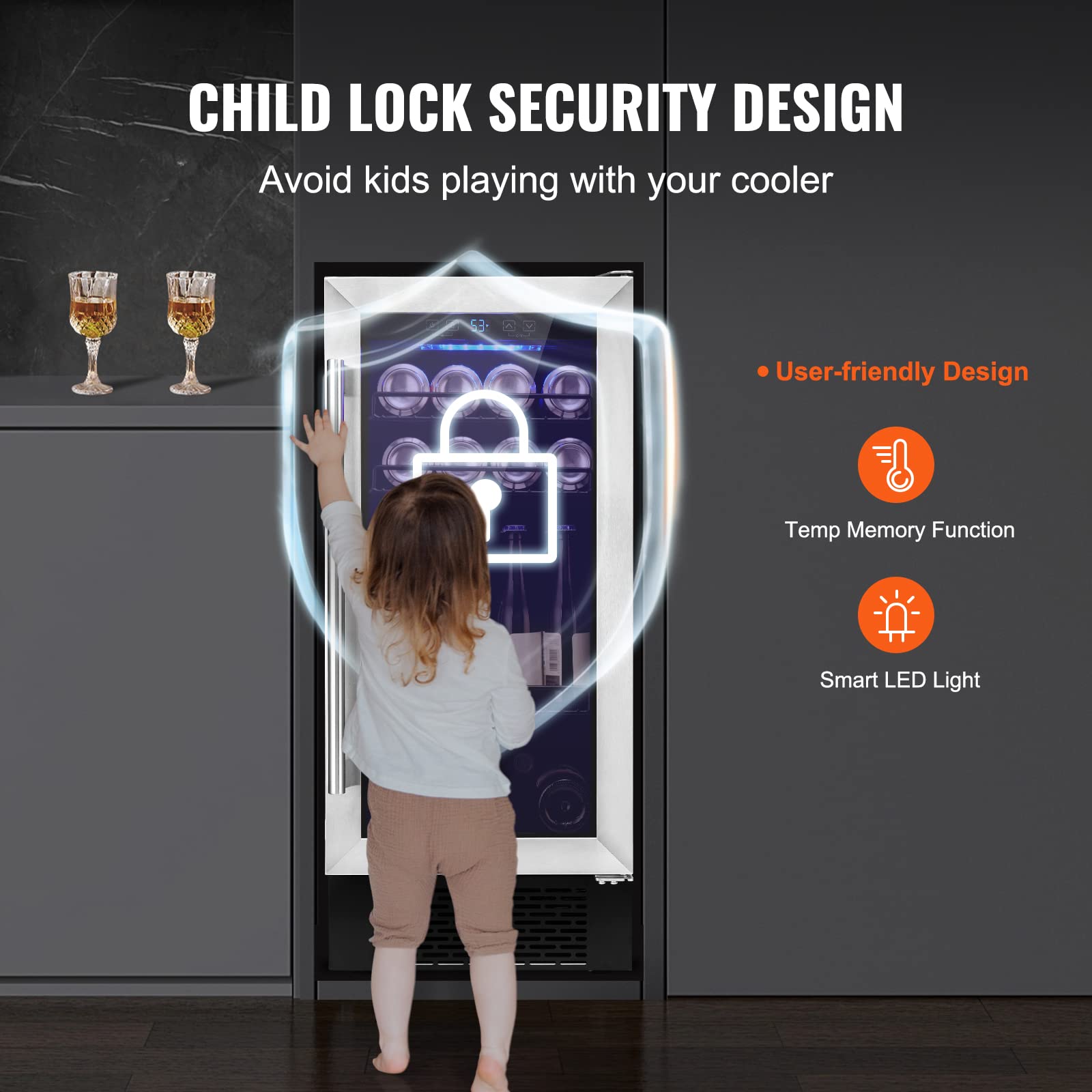 VEVOR 15” Beverage Refrigerator, 96 Cans Under Counter Built-In Or Freestanding Beer Fridge, Blue LED Light, Adjustable Shelves, Child Lock, Etl on Fridge.com - View 5