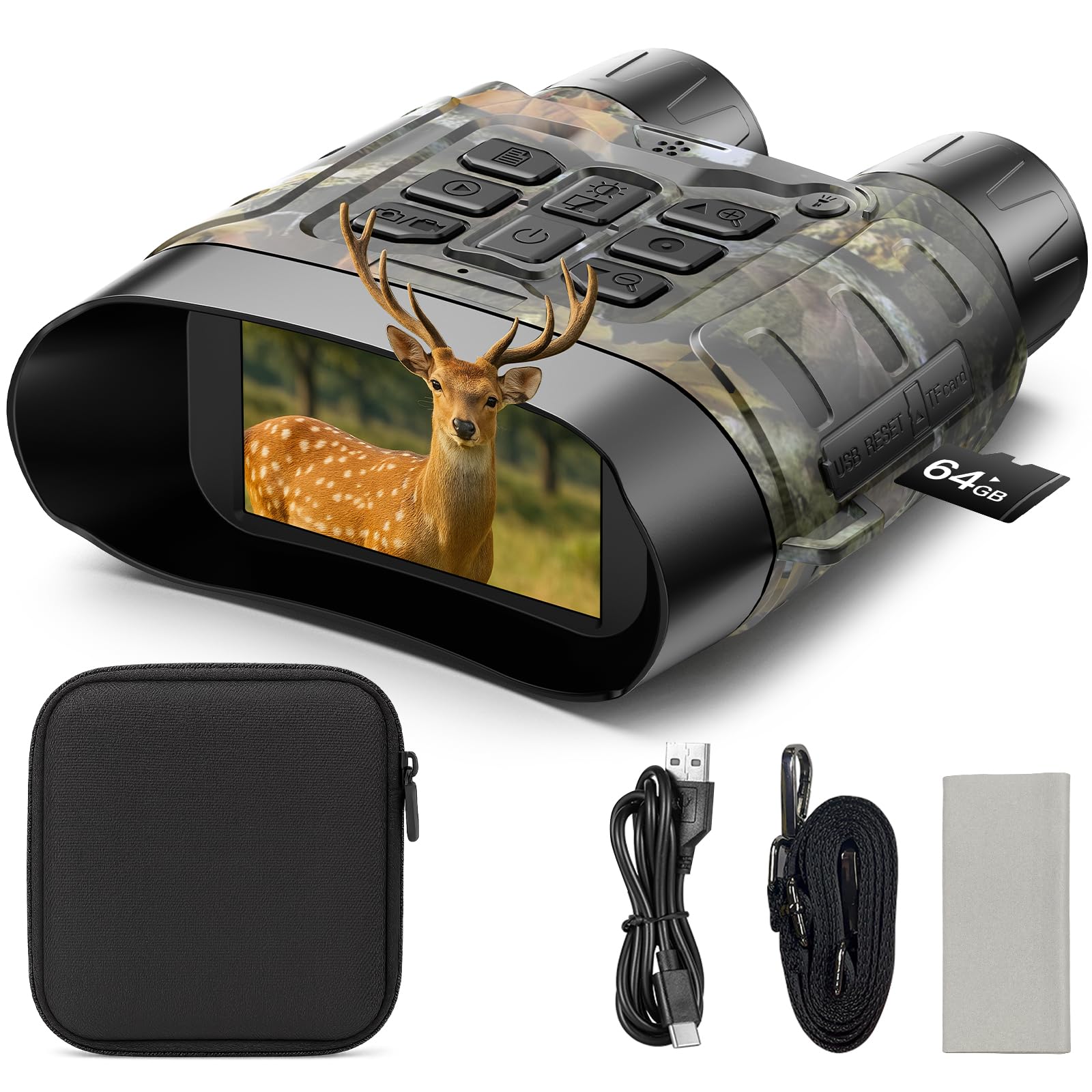 Binocolo 4K Ultra HD 112MP – Visione Notturna a Colori | 600m IR zoom 18X 5000mAh 64GB rilevamento mov. custodia regalo. Caccia campeggio uccelli. Full color notte