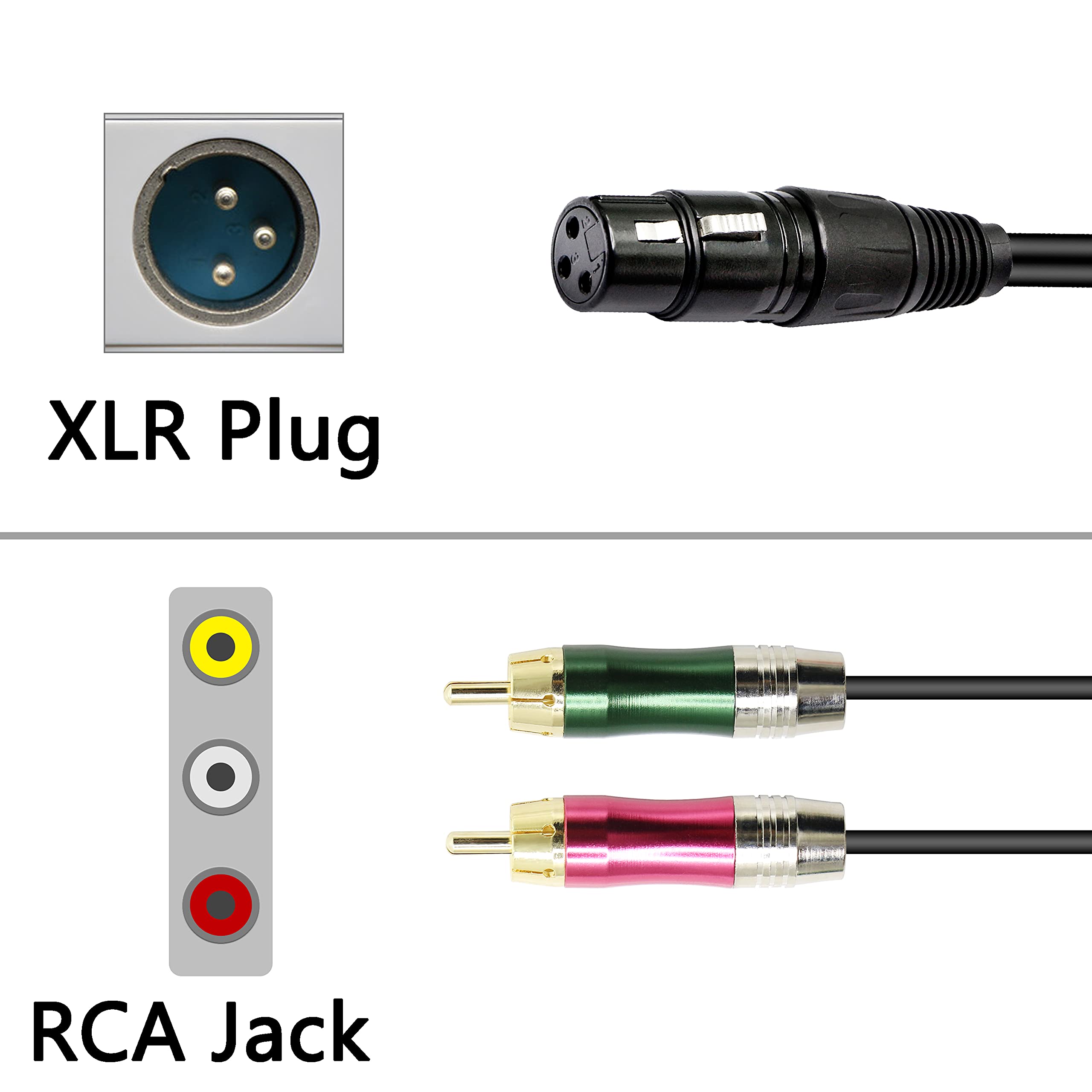 WJSTN XLR To RCA Adapter 2-Pack - Female XLR To Male RCA 6 Inch Audio Cable Converters