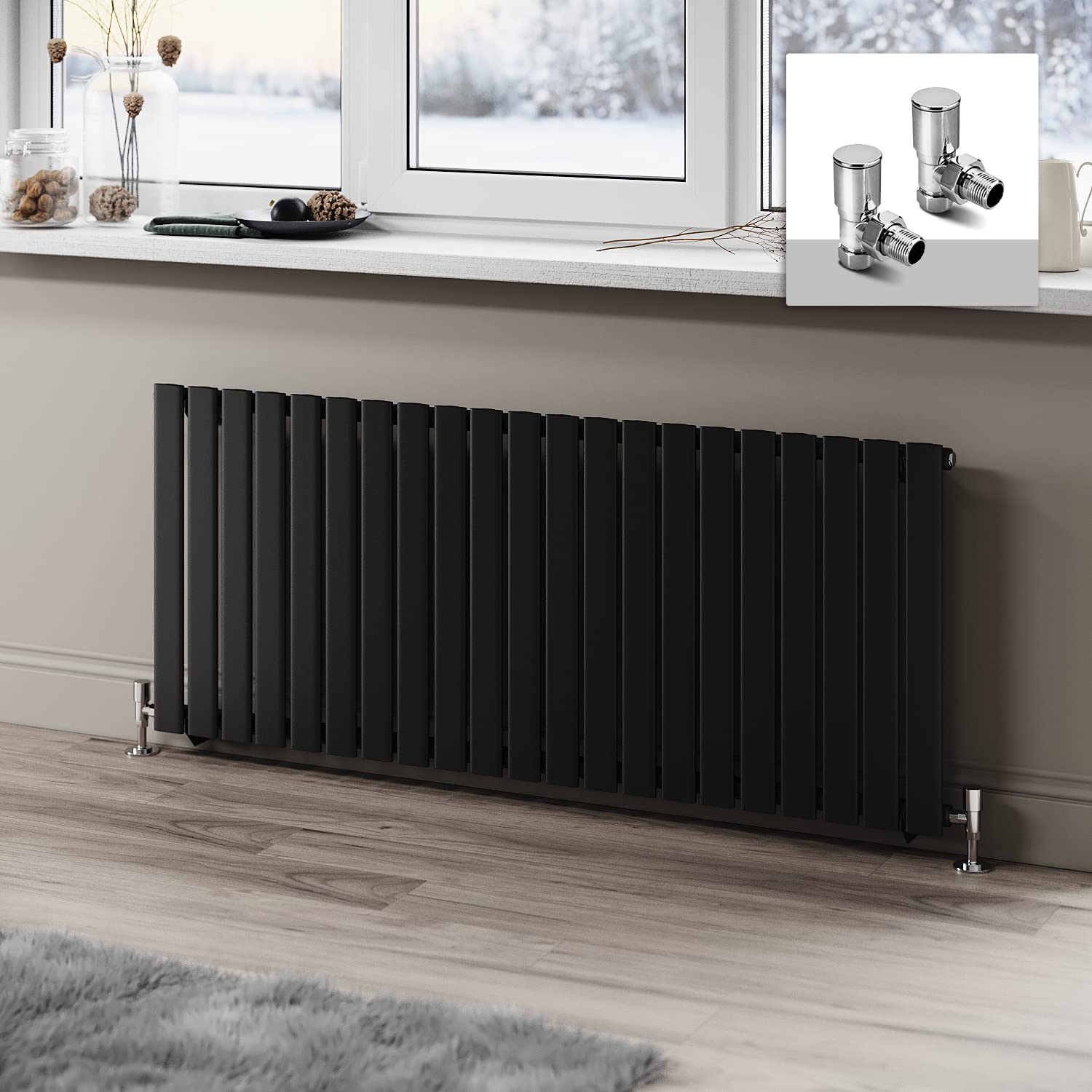 ELEGANT Black Horizontal Radiator 600 x 1428mm Flat Panel Designer Radiator Single Panel Central Heating Radiator with Chrome Angled Radiator Valves