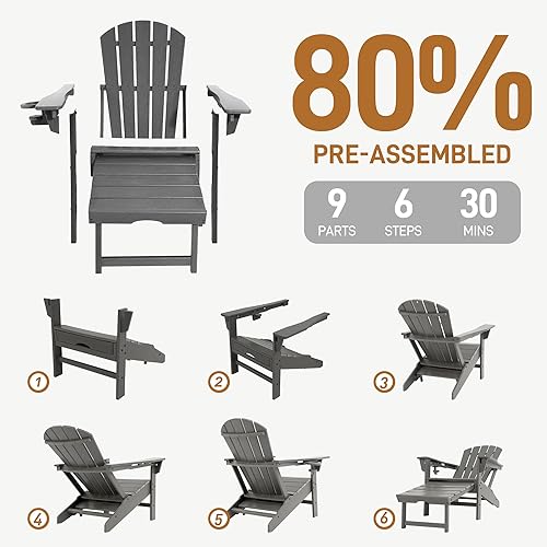 Miniatura 4 de Silla Adirondack ajustable de 3 niveles con otomana retráctil, silla de hoguera de polietileno de alta densidad para todo tipo de clima con soportes