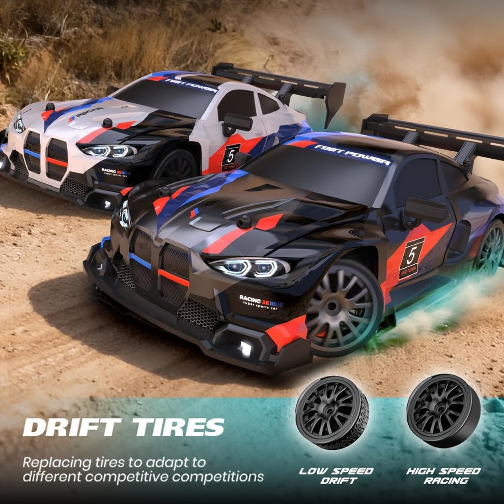 Image of FLYTEK RC Drift Racing Car 1:24 Scale 4WD 2.4GHz 20 Kmph (Black and Red) | LED Lights, Replaceable Tyres, Flexible PVC Shell, Multi-Player Support, USB Rechargeable