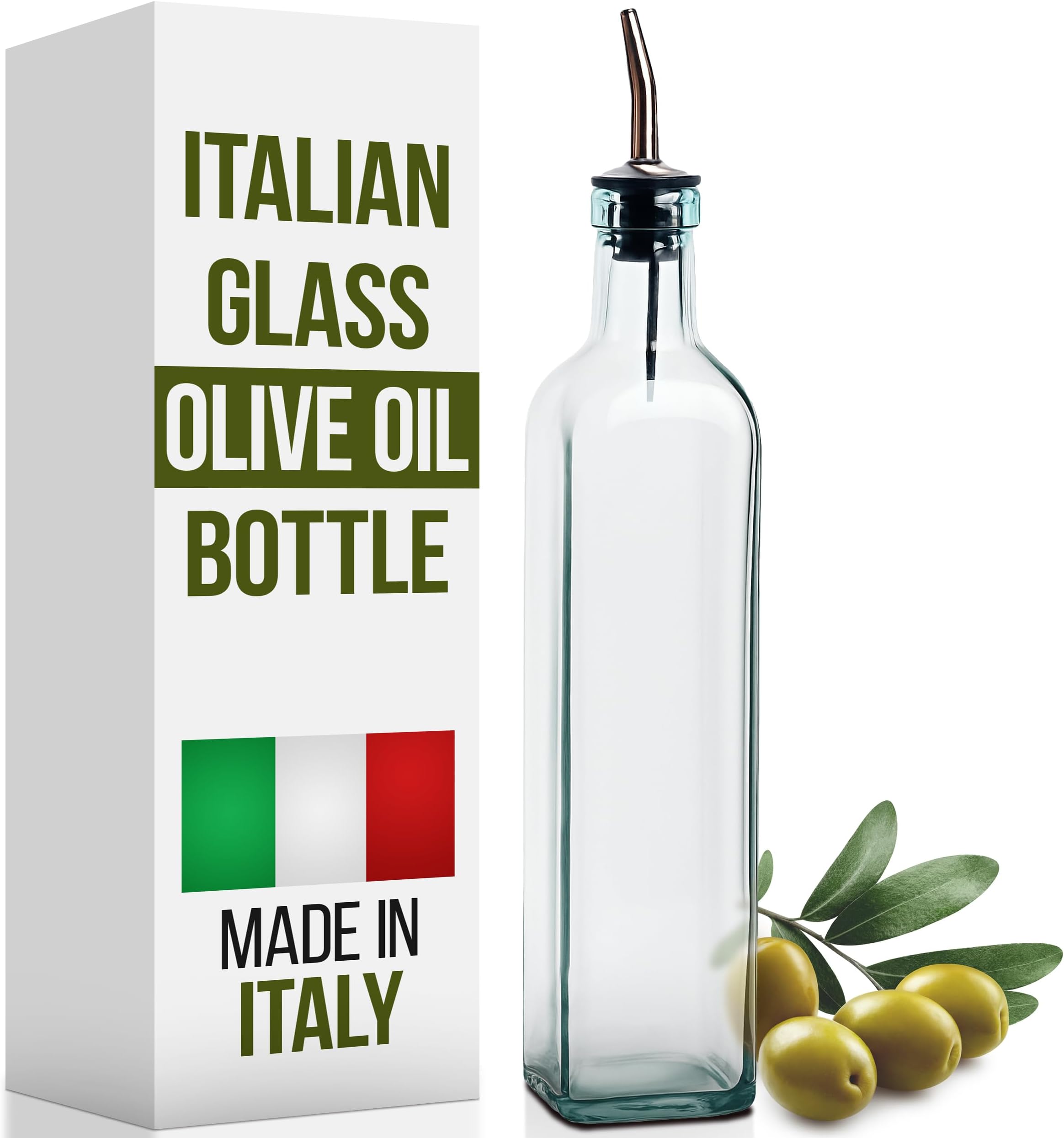 EHOMEA2Z Italian Glass Oil And Vinegar Cruet 16 Oz, Olive Oil Dispenser With Stainless Steel Spout, Slight Green Tint (1, 16 Oz), 473 ML