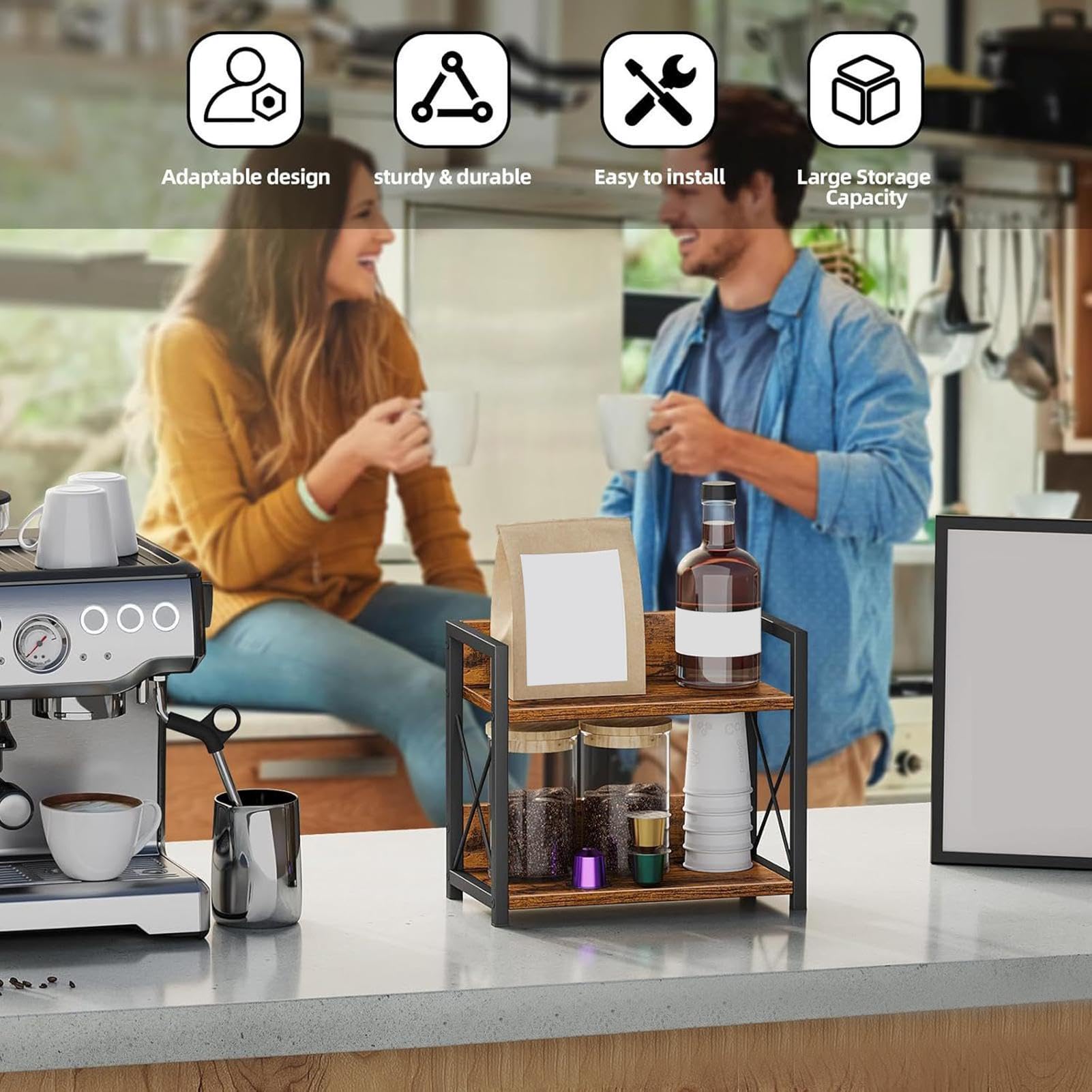 Soporte de condimentos, almacenamiento de cocina de 2 niveles de hierro y madera | Portasalsas y organizador de especias de cocina | Para armario, despensa, encimera, oficina en casa, apartamento