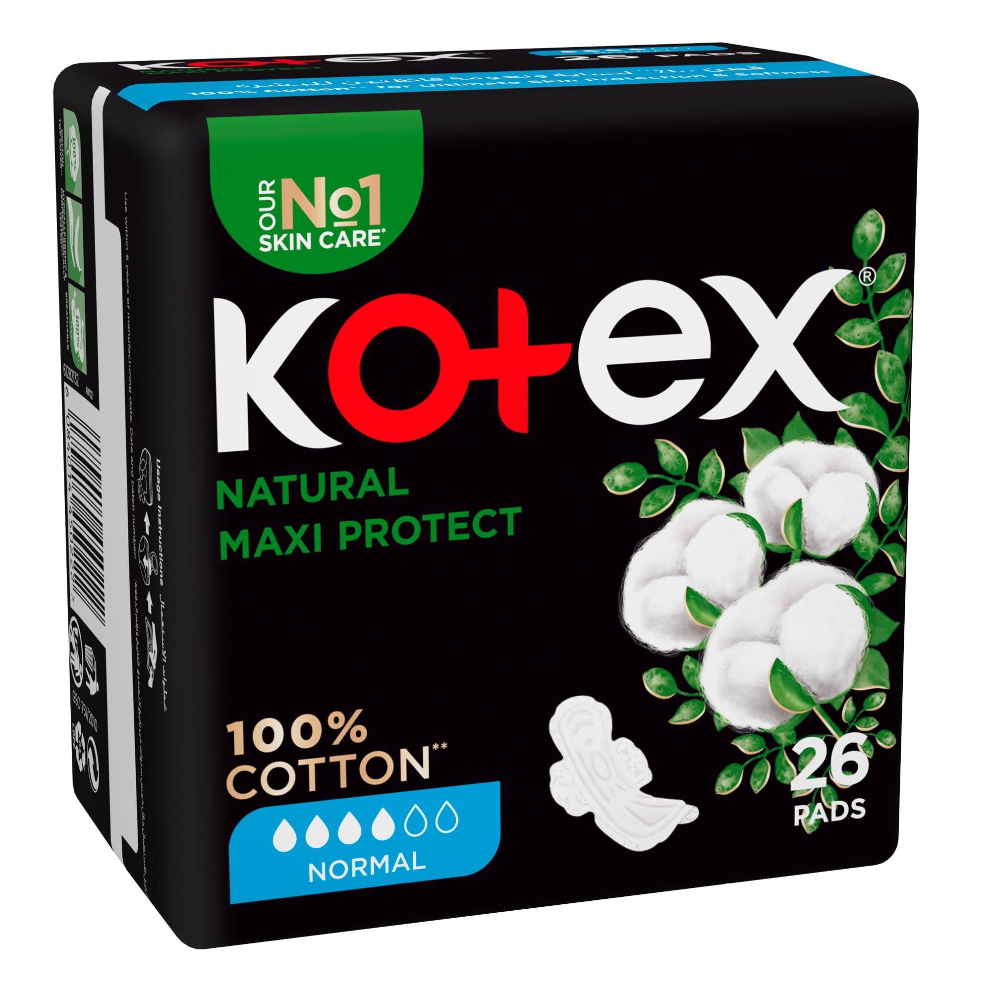 Kotex Natural Maxi Protect Normal Sanitary Pads, 26 Count – Cotton-Feel Day Pads with Reliable Absorbency & Soft Natural Cover for Comfortable Everyday Period Protection