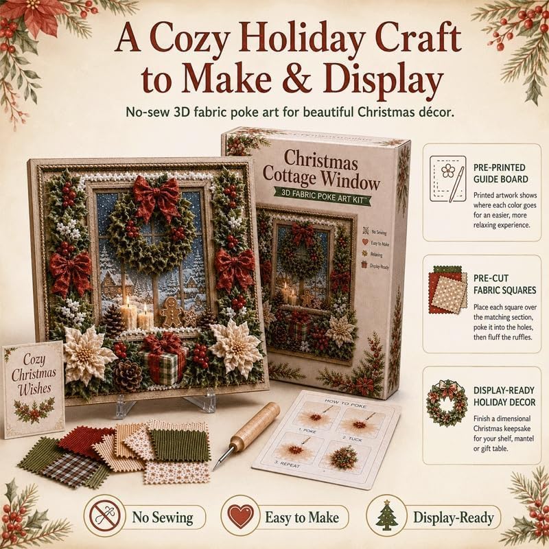 Christmas fabric poke art kit contents with guide board fabric pieces and poke tool