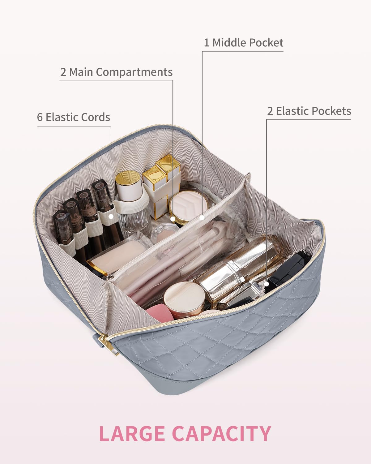Travel Makeup Bag Large Capacity Cosmetic Bag for Women Portable Make up Bag with Clear Divider and Brush Compartment - Image 3