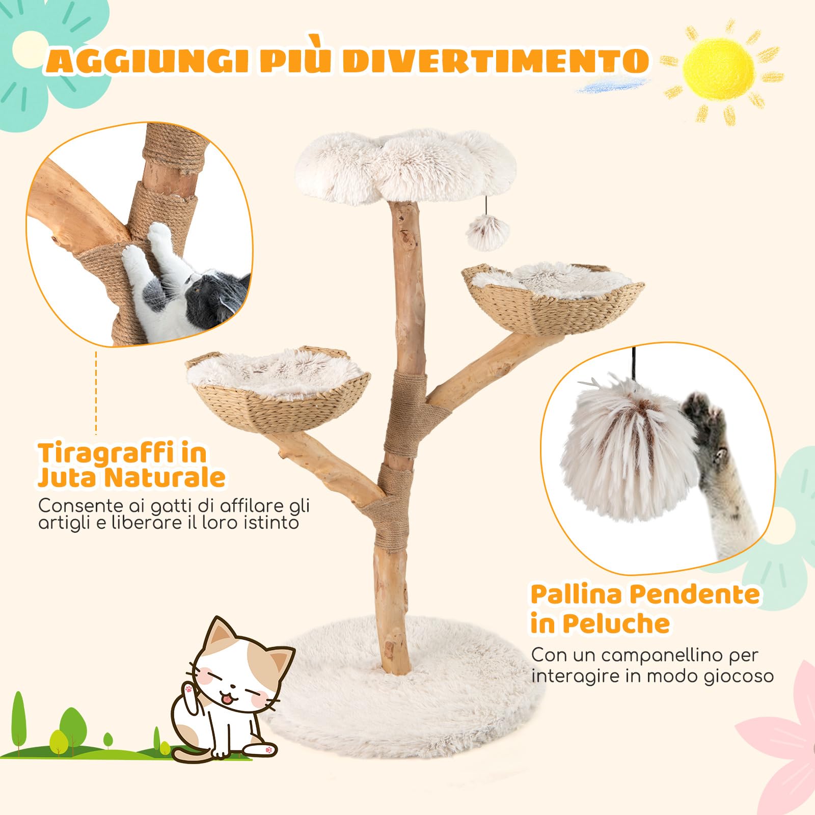 COSTWAY Albero per Gatti, Tiragraffi per Gattini Alta 122 cm con Ramo in Legno con Piattaforma a Fiore, 2 Cesti in Rattan, Pali Tiragraffi in Juta e Pallina Pendente, Mobile per Gatti da Interno