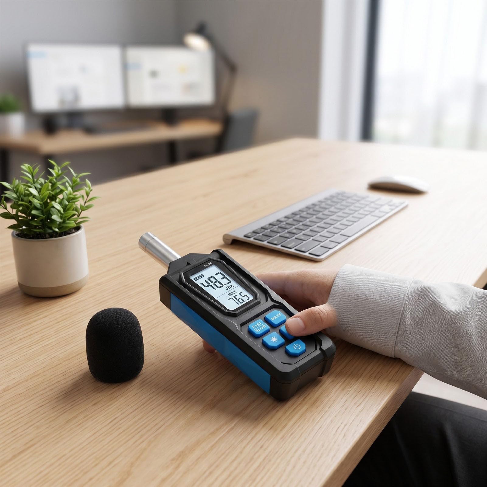Eujgoov Medidor de Ruido HS-33 30‑130dB con Ponderación de A/C Rápida/lenta | Sonómetro portátil, precisión de 1,5 dB, retención de datos, reinicio del valor máximo, LCD de 4 dígitos, apagado automático