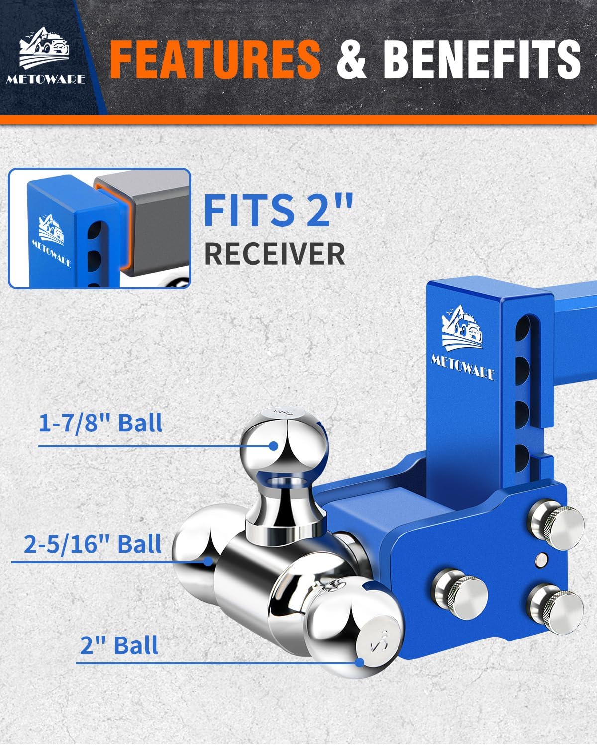 METOWARE Adjustable Trailer Hitch for 2" Receiver - 14,000 LBS GTW Heavy Duty Drop Hitch, 4" Drop/Rise, Tri-Ball (1-7/8" 2" 2-5/16") STOWABLE & Secure Design with Anti-Theft Hitch Lock, Blue