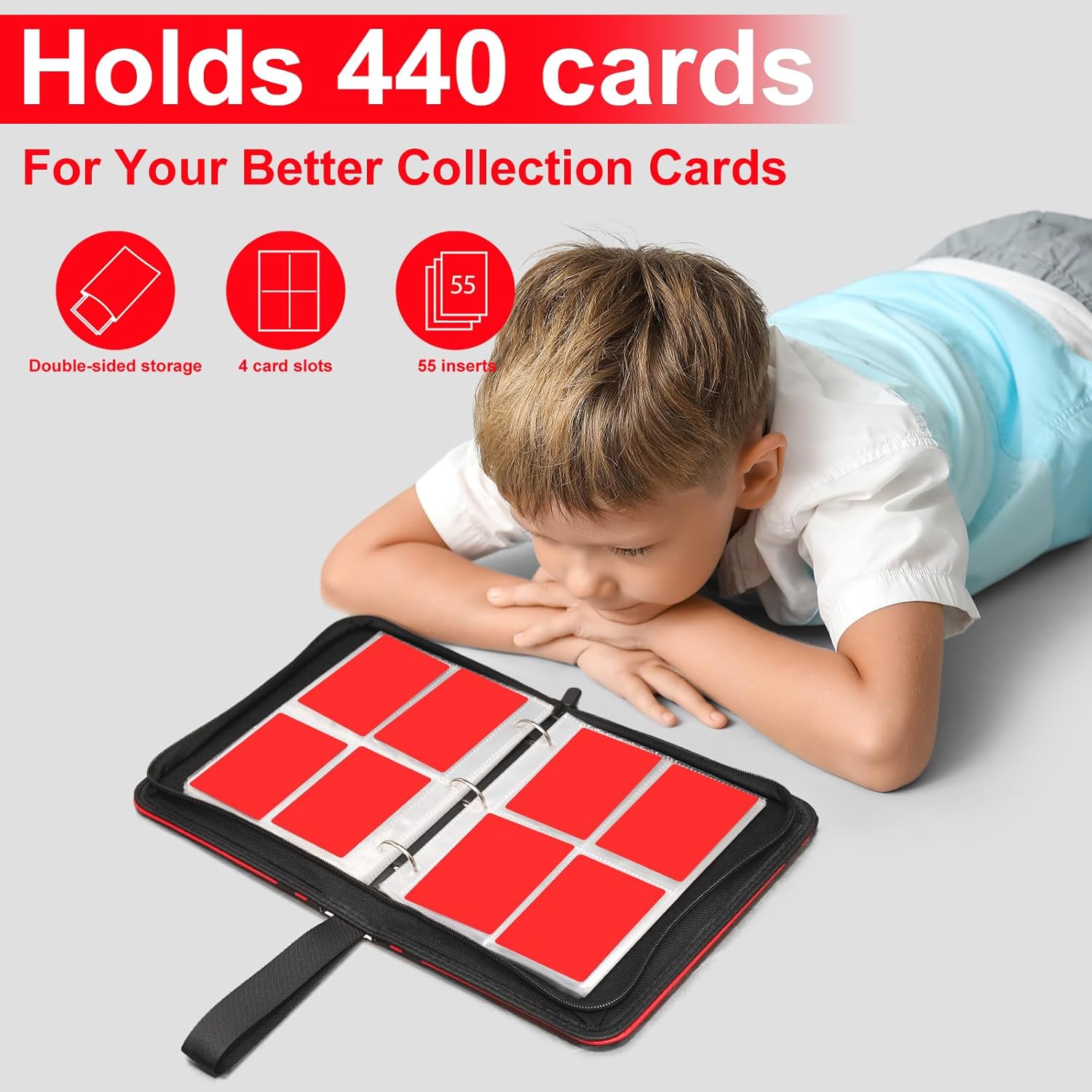 4 Pocket Trading Card Binder - Holds 440 Cards with 55 Removable Sleeve, Standard Size Sports Binder, Durable 4-Pocket Card Holder with Wrist Strap, Portable Card Collector Ablum Holder Book