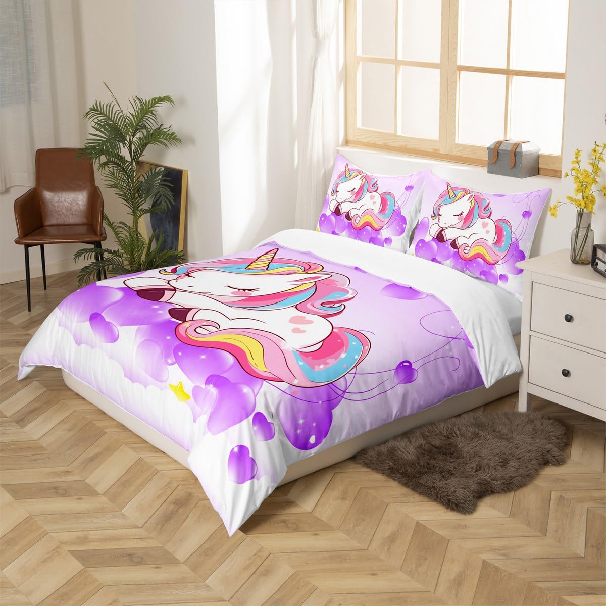 Juego de ropa de cama para niñas, diseño de unicornio, tamaño King, estampado de animales, juego de ropa de cama para mujer, unicornio mágico, juego de ropa de cama con diseño de corazón, morado, 3