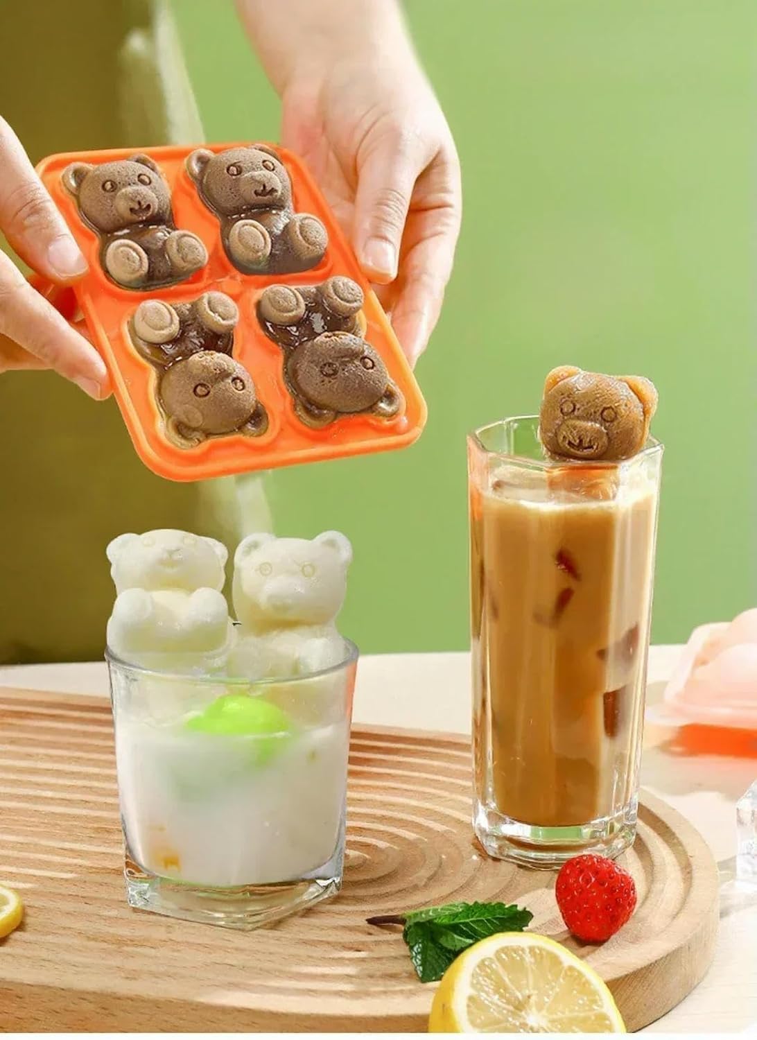 3D Bear Ice Cube Mold 4Grid Silicone Cartoon Candle Diy Handmade Soap Plaster Maker Party Wedding -Red