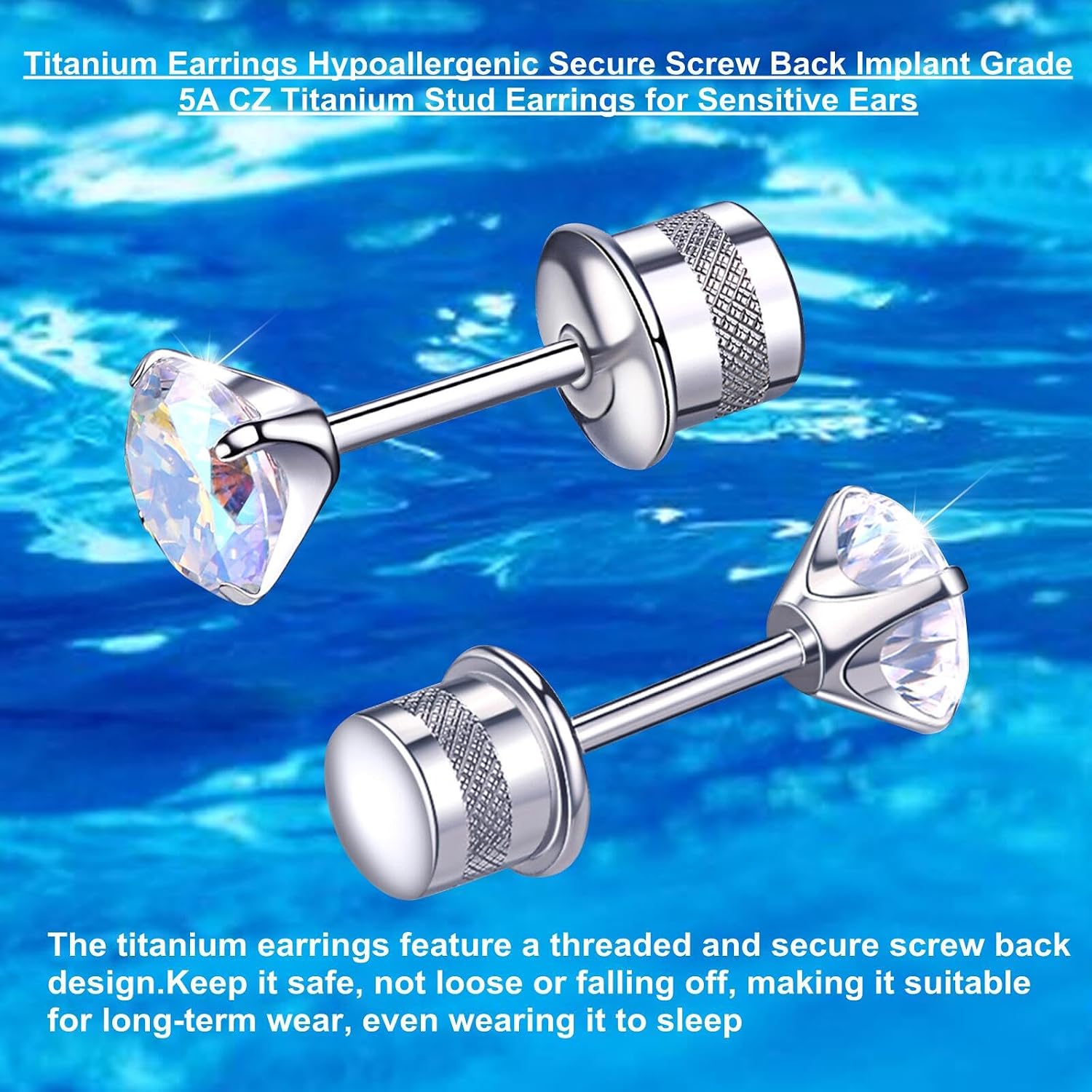 VGACETI Titanium Earrings, Hypoallergenic Screw Back G23 Implant Grade 20G Titanium Simulated Diamond Earrings for Sensitive Ears 5mm 5A Cubic Zirconia Stud Earrings for Women Men