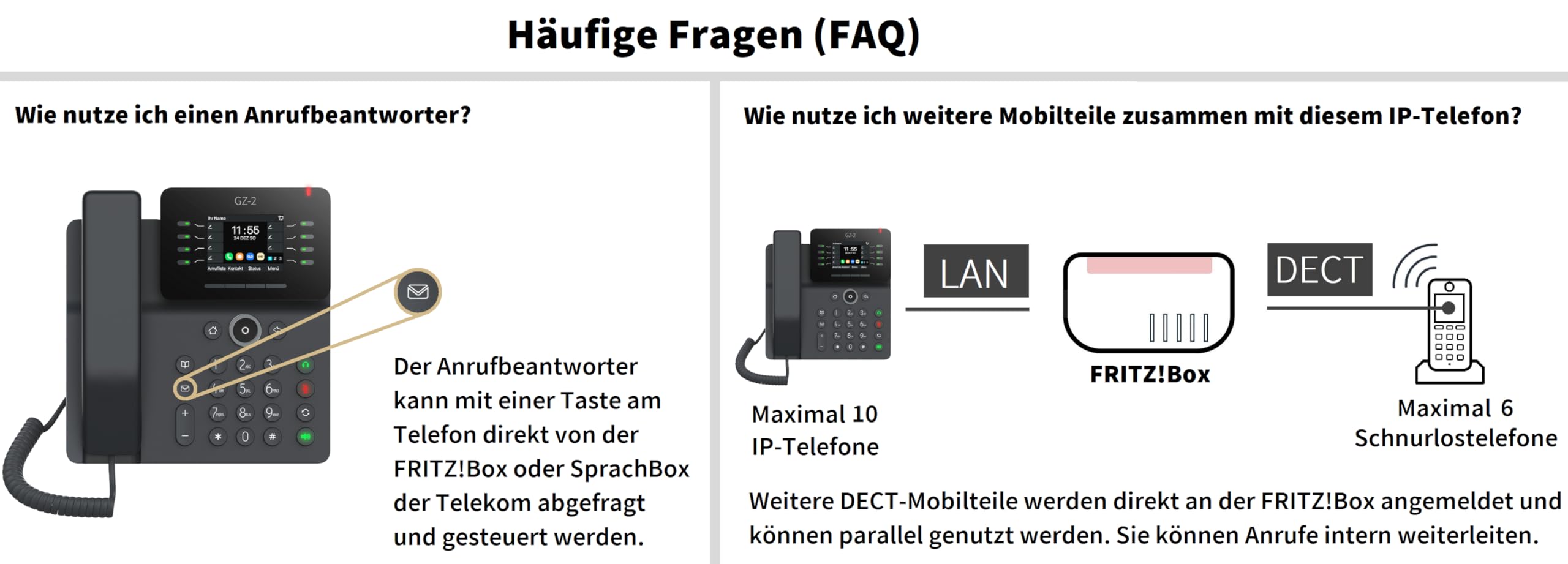 GEQUDIO GZ-2 IP Telefon VoIP mit Netzteil für FritzBox, Telekom Speedport | VoIP SIP Tischtelefon, Sipgate, Farbdisplay, Freisprechen, USB Schwarz