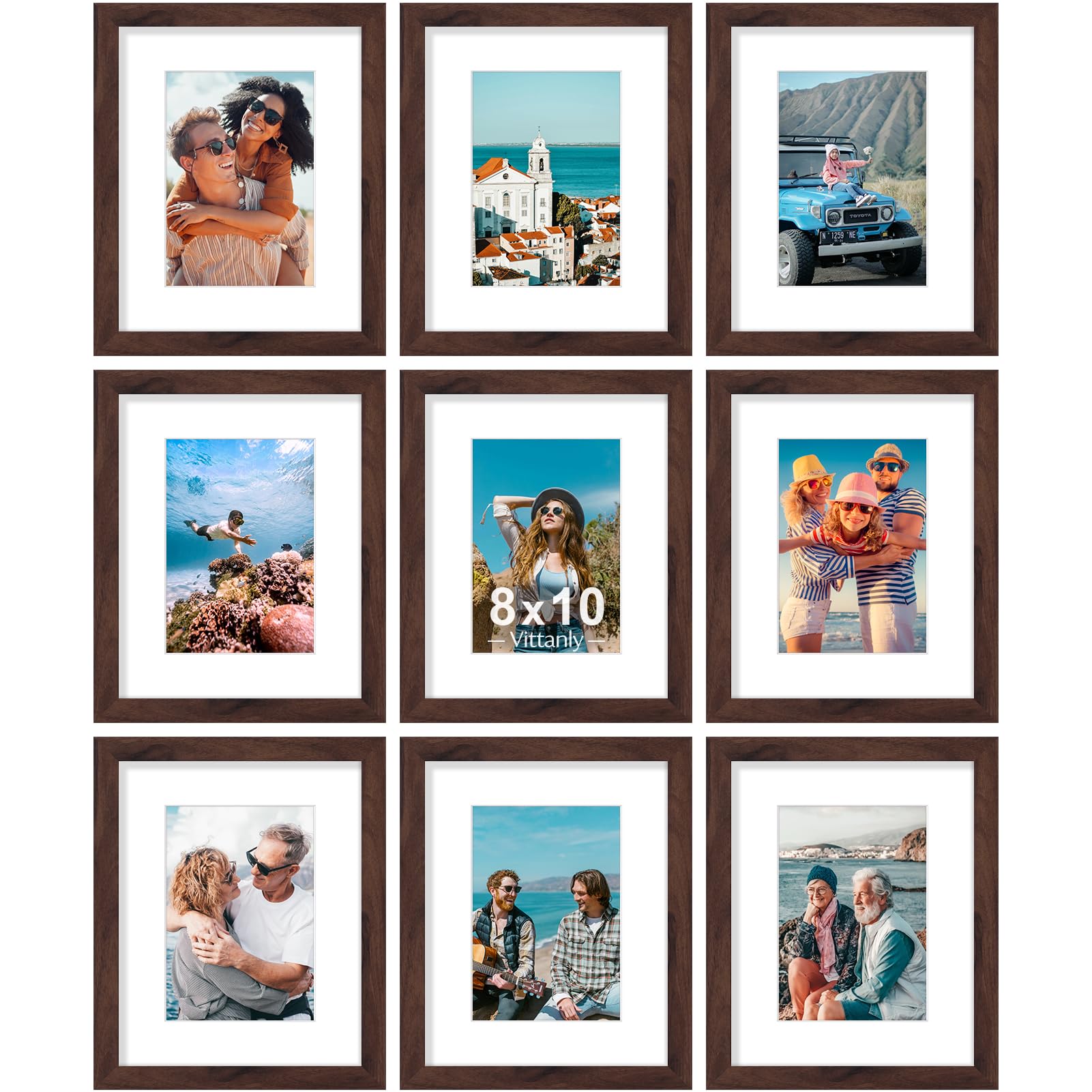 Vittanly 8x10 Picture Frames Set of 9, Shatter Resistant Plexiglass, Display 5x7 Pictures with Mat or 8x10 without Mat, Photo Frames for Wall or Tabletop, Engineered Wood, Walnut