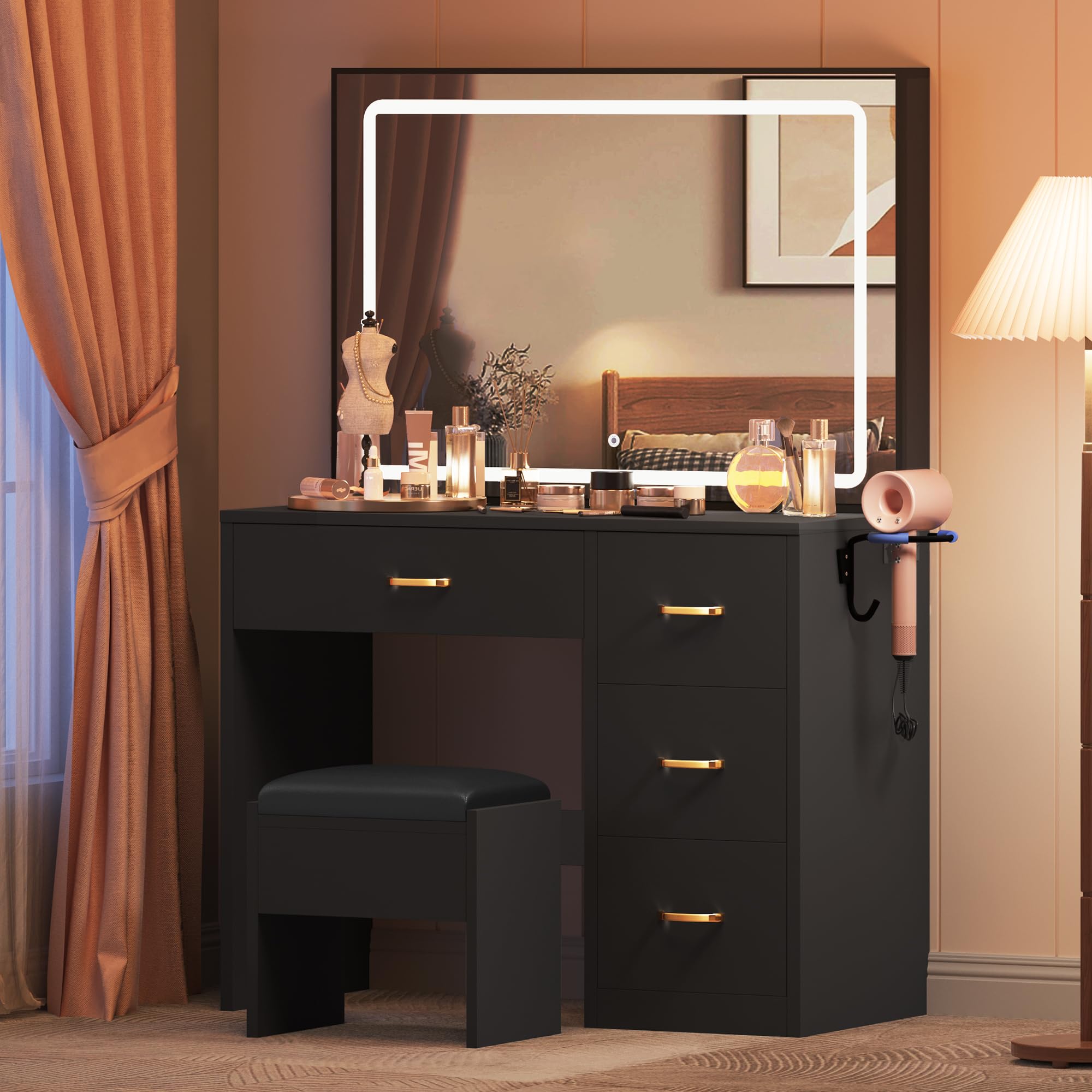 Kaptafel Met Ronde Spiegel En Verlichting, Instelbare Helderheid, Toilettafel, Kleine Make-uptafel Met Lade En Kruk Voor Slaapkamerstudio(Standard version